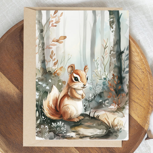 greeting card of a chipmunk enjoying the wonders of a forest