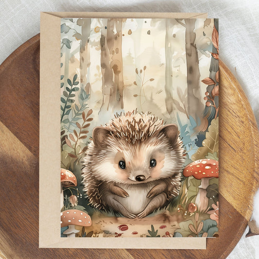 greeting card of a hedgehog enjoying the wonders of a forest