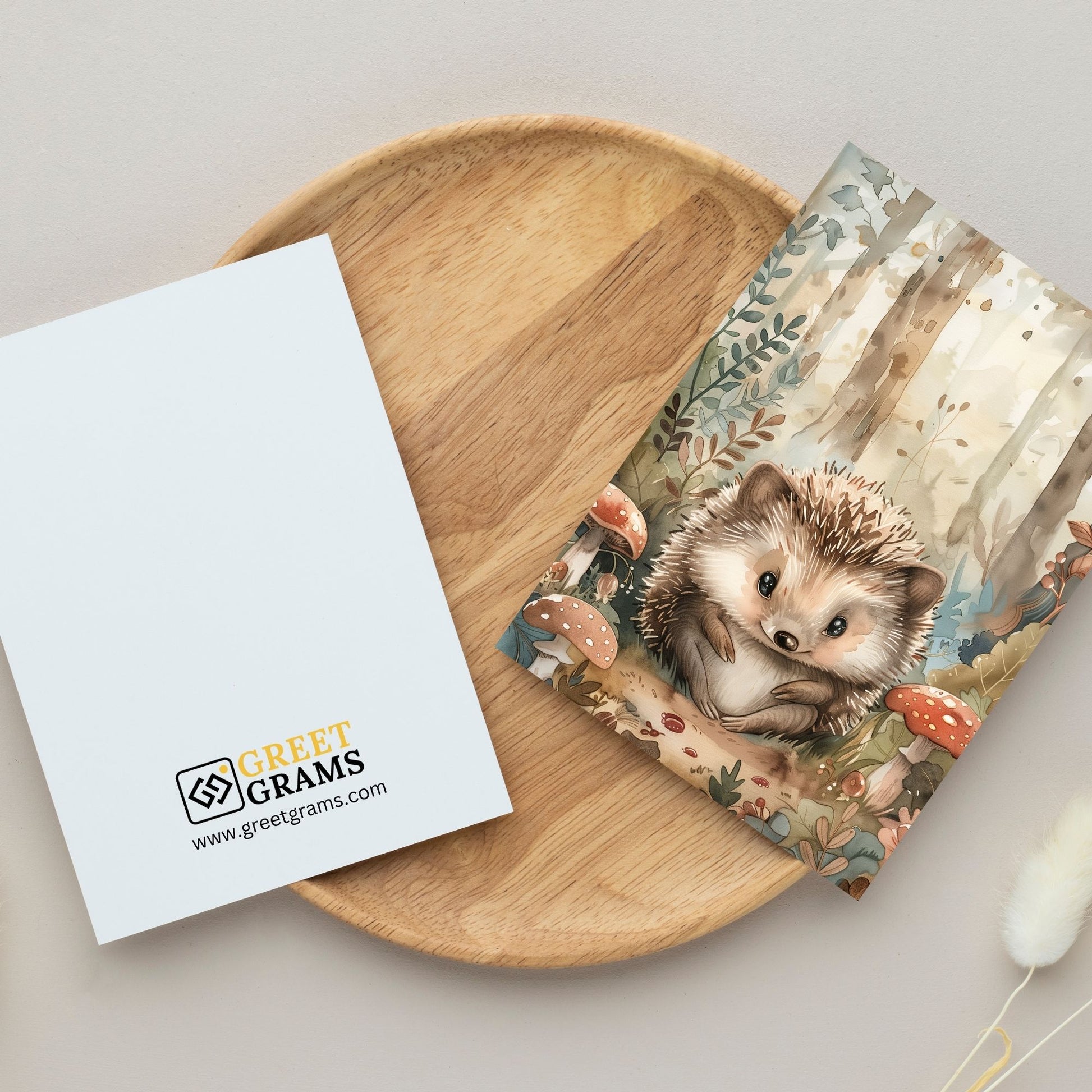 greeting card of a hedgehog enjoying the wonders of a forest in the gray background