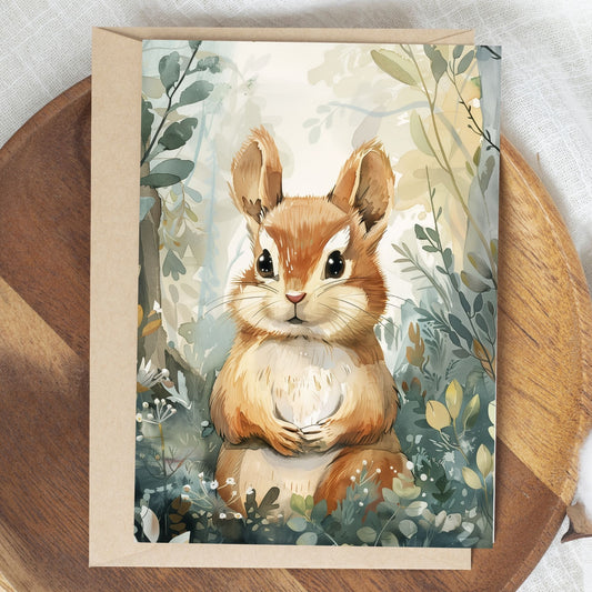 greeting card of a  chipmunk exploring the beautiful forest