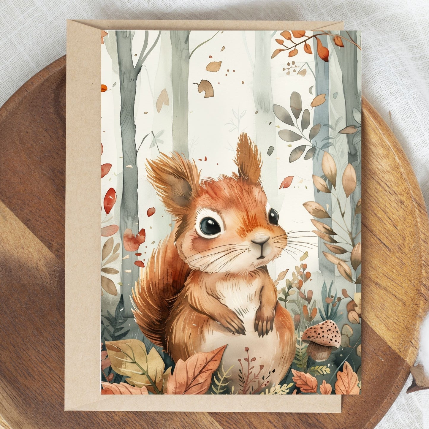 greeting card of a squirrel enjoying the magical beauty of forest,