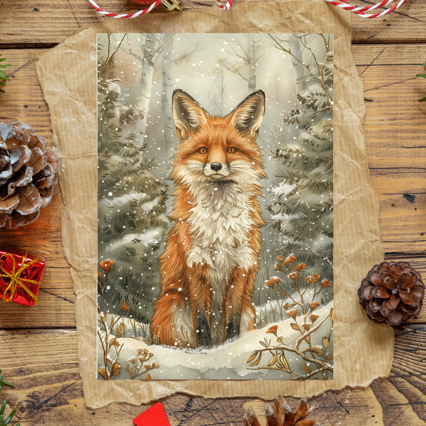 greeting card of a fox enjoying the winter wonderland