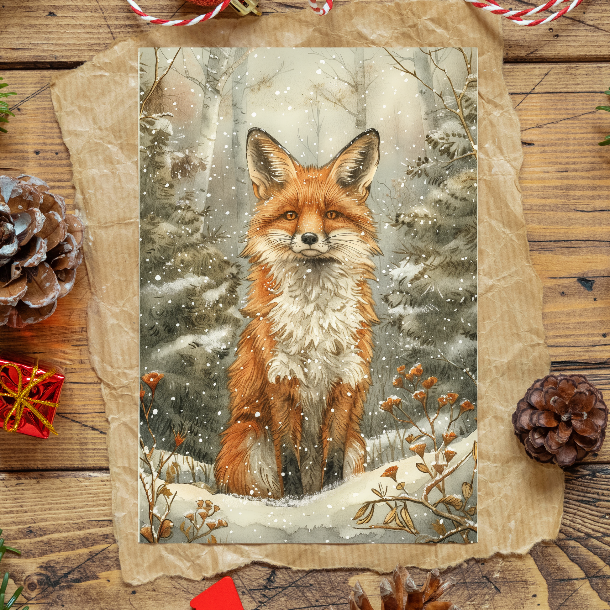 greeting card of a fox enjoying the winter wonderland