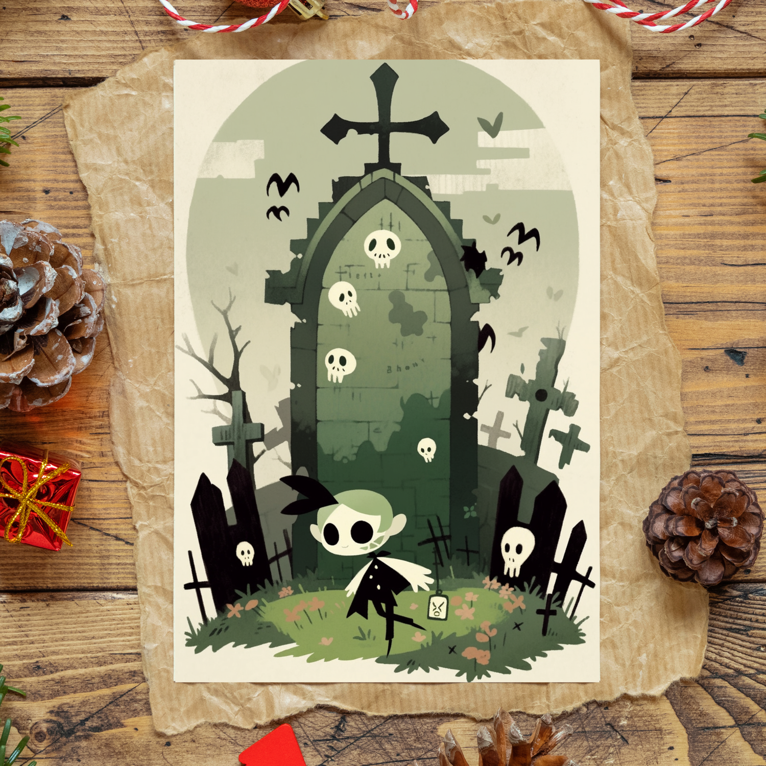 greeting card of a boy wandering through a misty graveyard