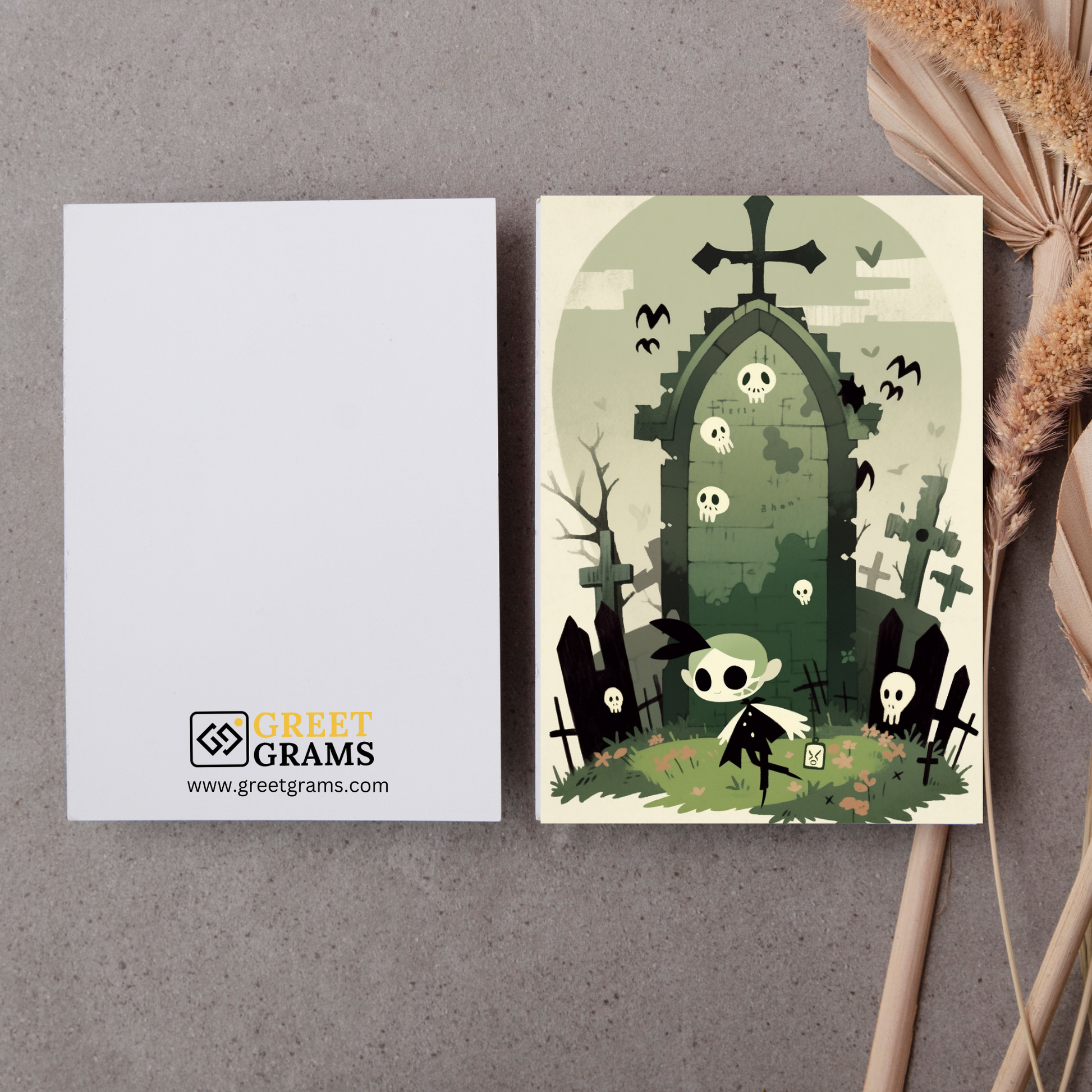 greeting card of a boy wandering through a misty graveyard in the grey background