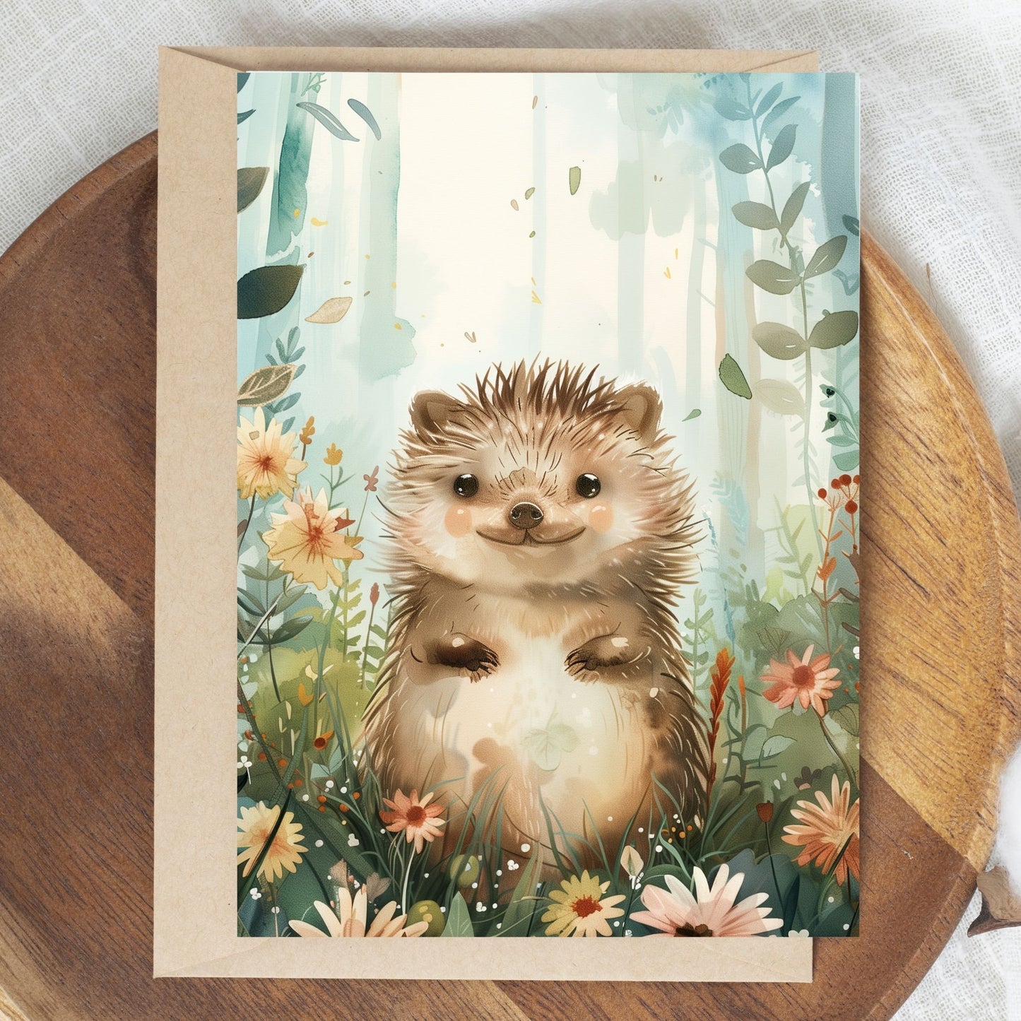 greeting card of a  hedgehog taking a peaceful stroll at the forest