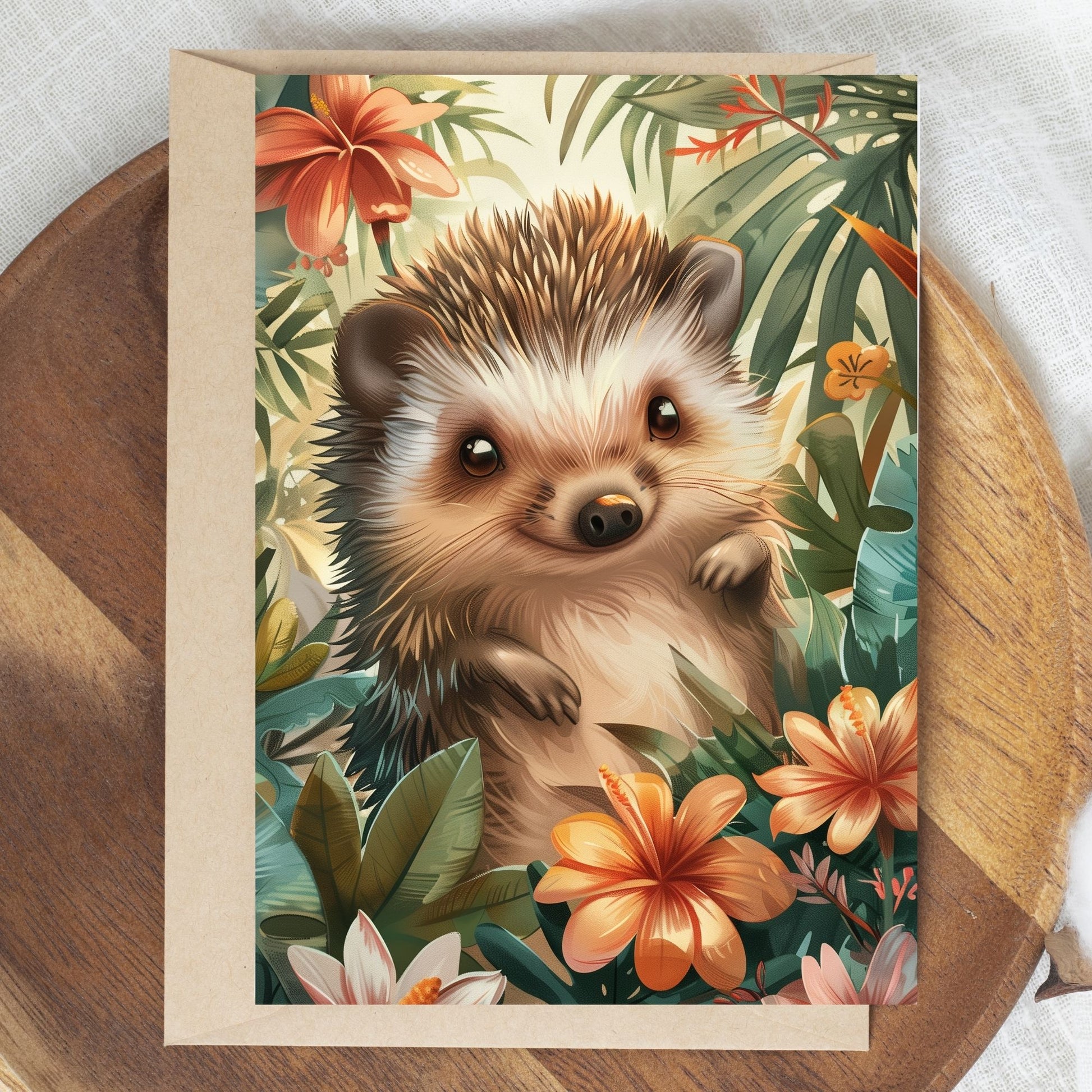 greeting card of a hedgehog enjoying a sunny day on a island