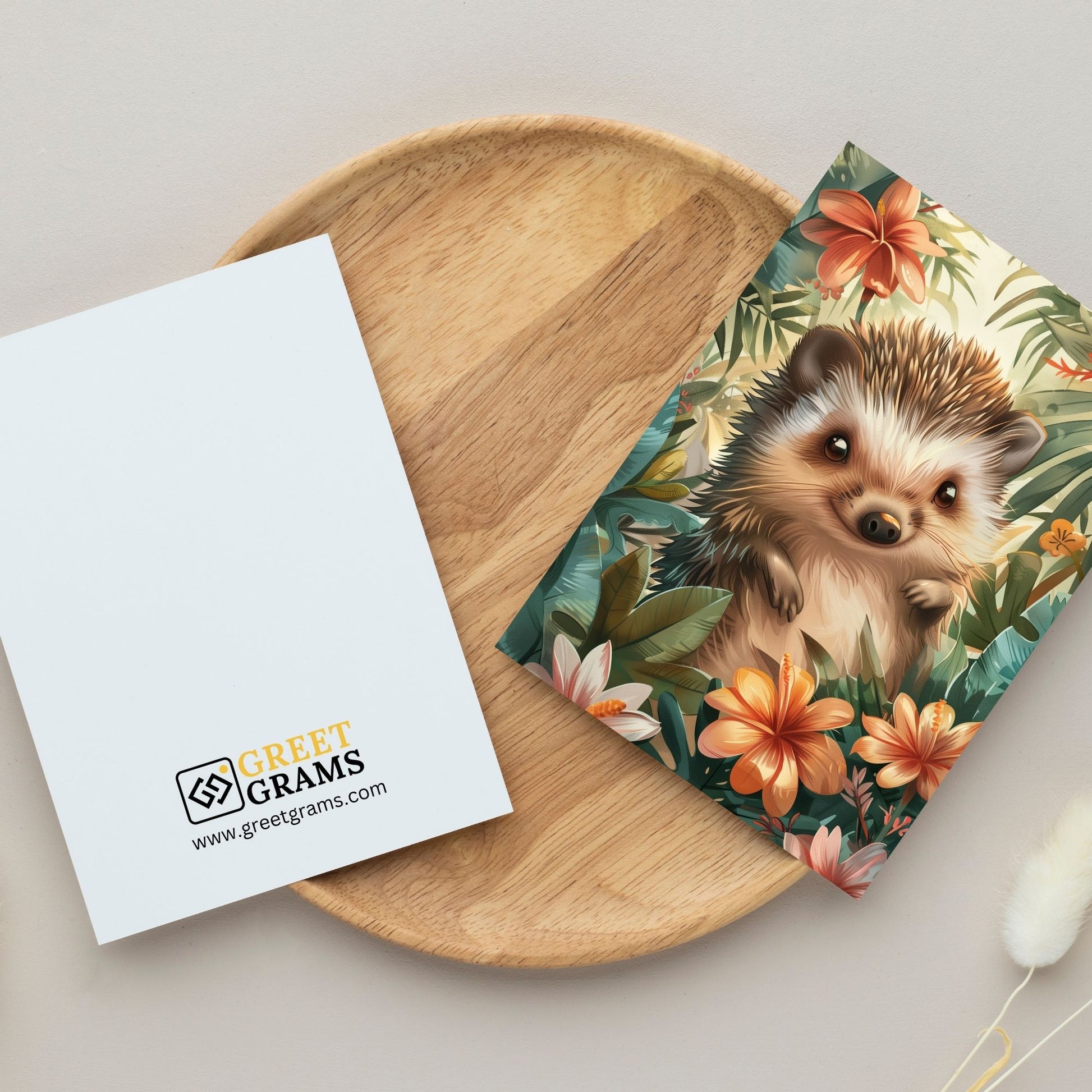 greeting card of a hedgehog enjoying a sunny day on a island in the grey background