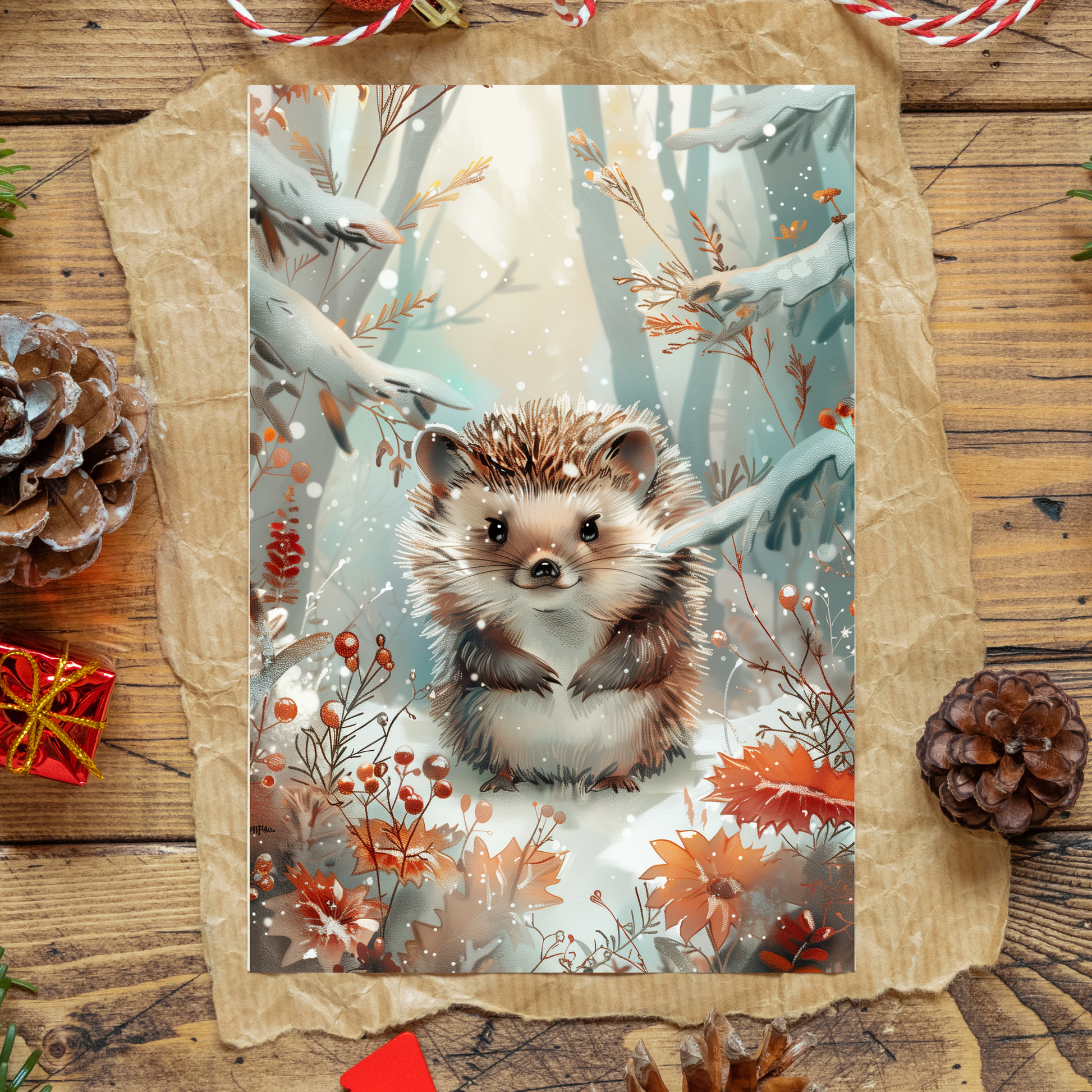 greeting card of a hedgehog enjoying a snowy day