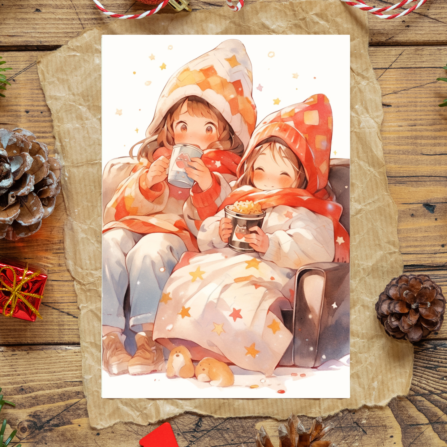 greeting card of two kids sipping hot chocolate