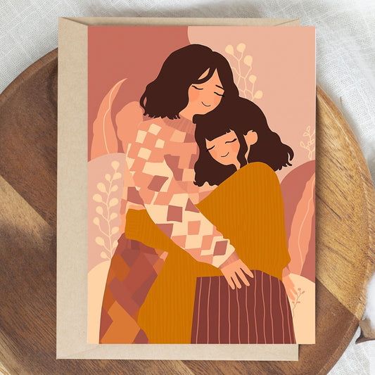 Friendship greeting card showing 2 besties hugging each other