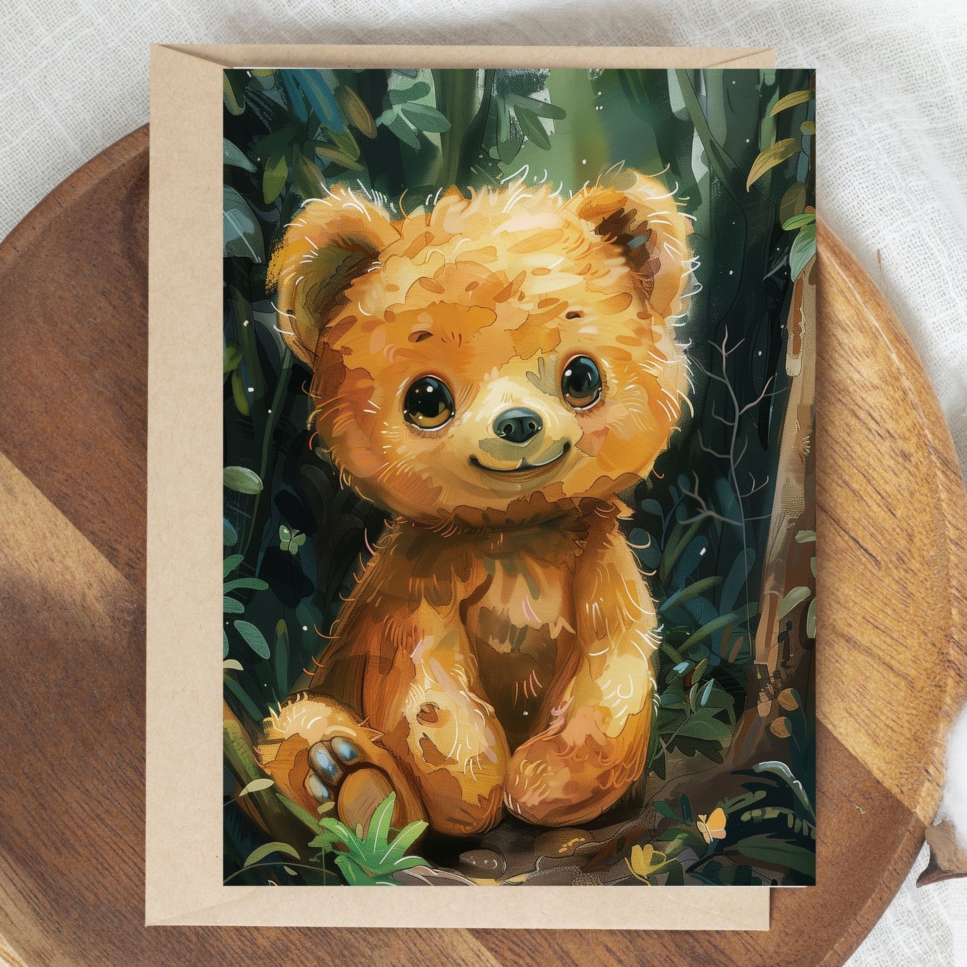 greeting card of a bear exploring the wonders of an island 