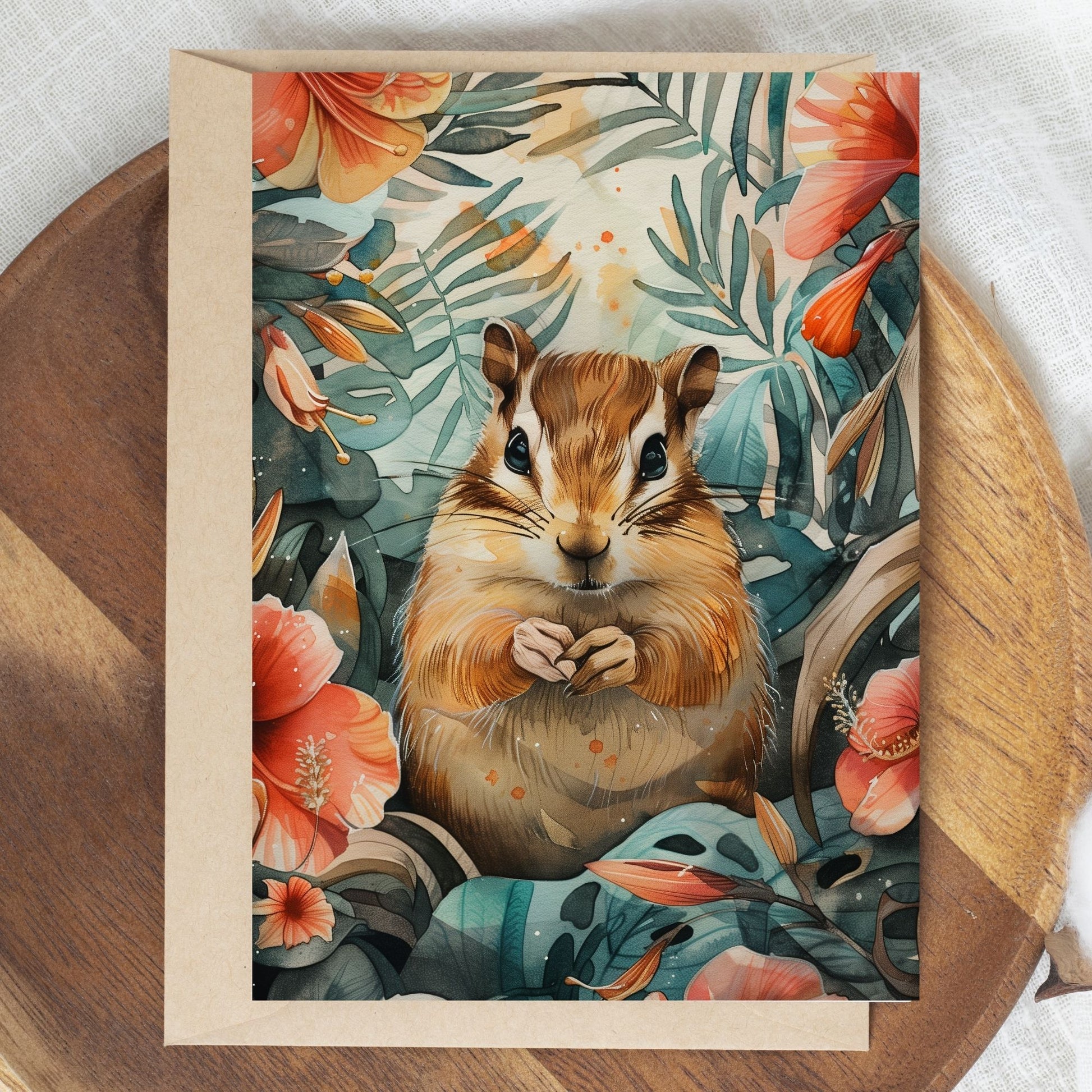 greeting card of a chipmunk enjoying the beauty of a tropical island