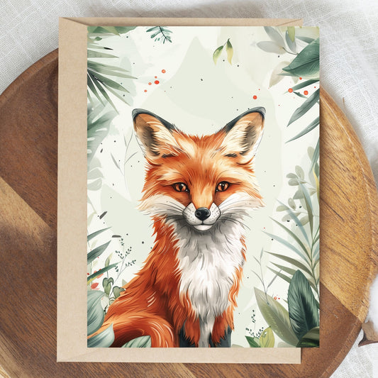 greeting card of a fox exploring the wonders of an island