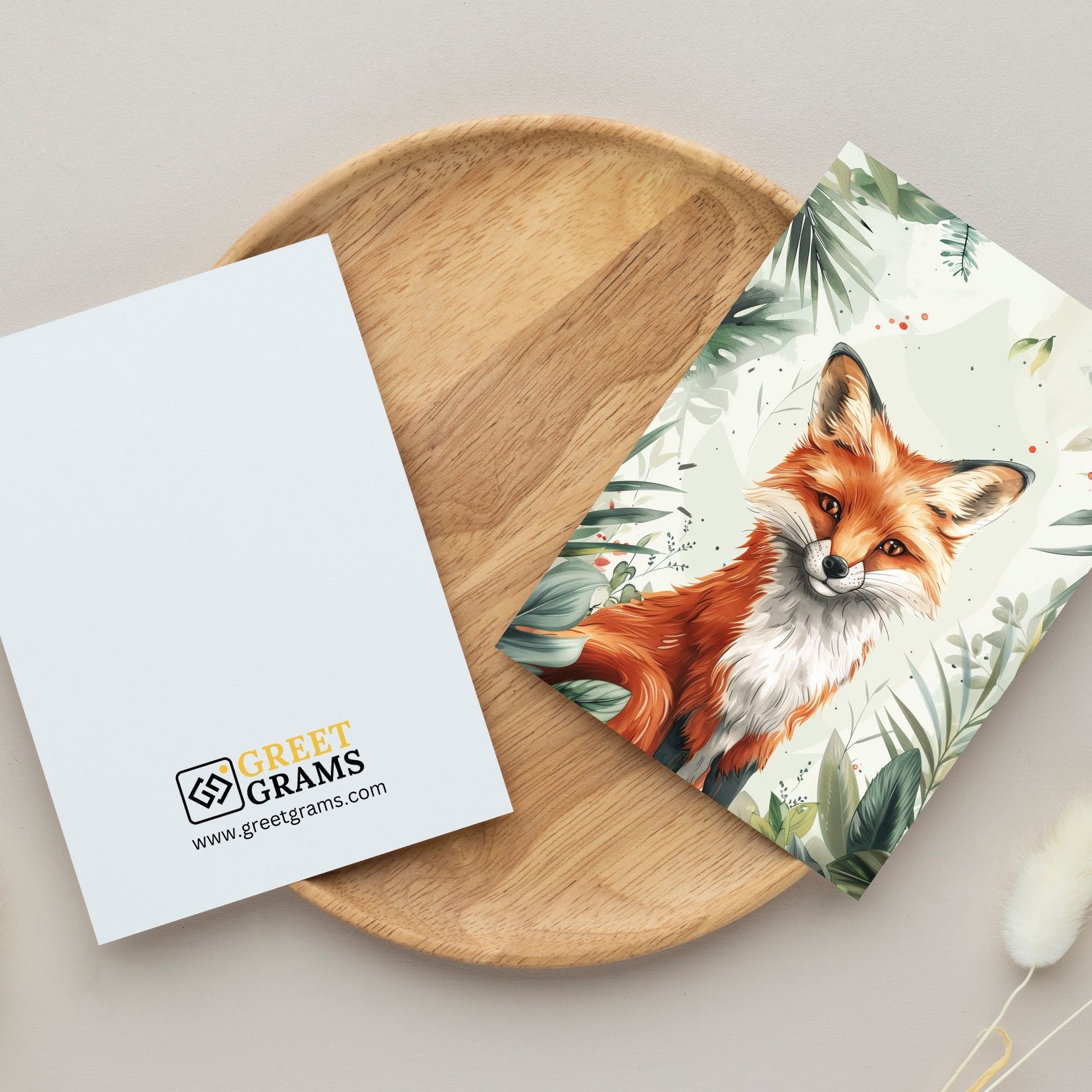 greeting card of a fox exploring the wonders of an island in the gray background