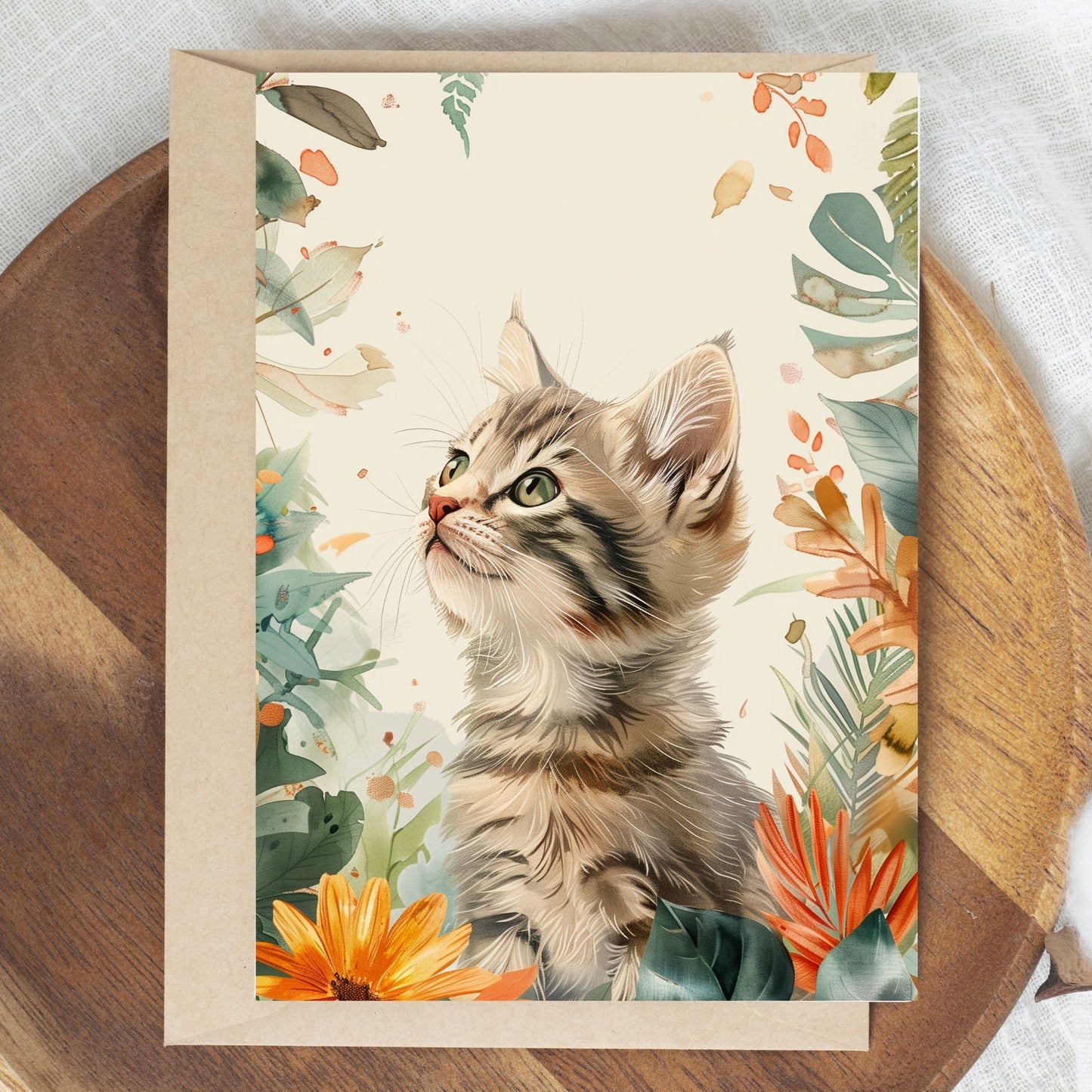 greeting card of a kitten exploring the wonders of a island