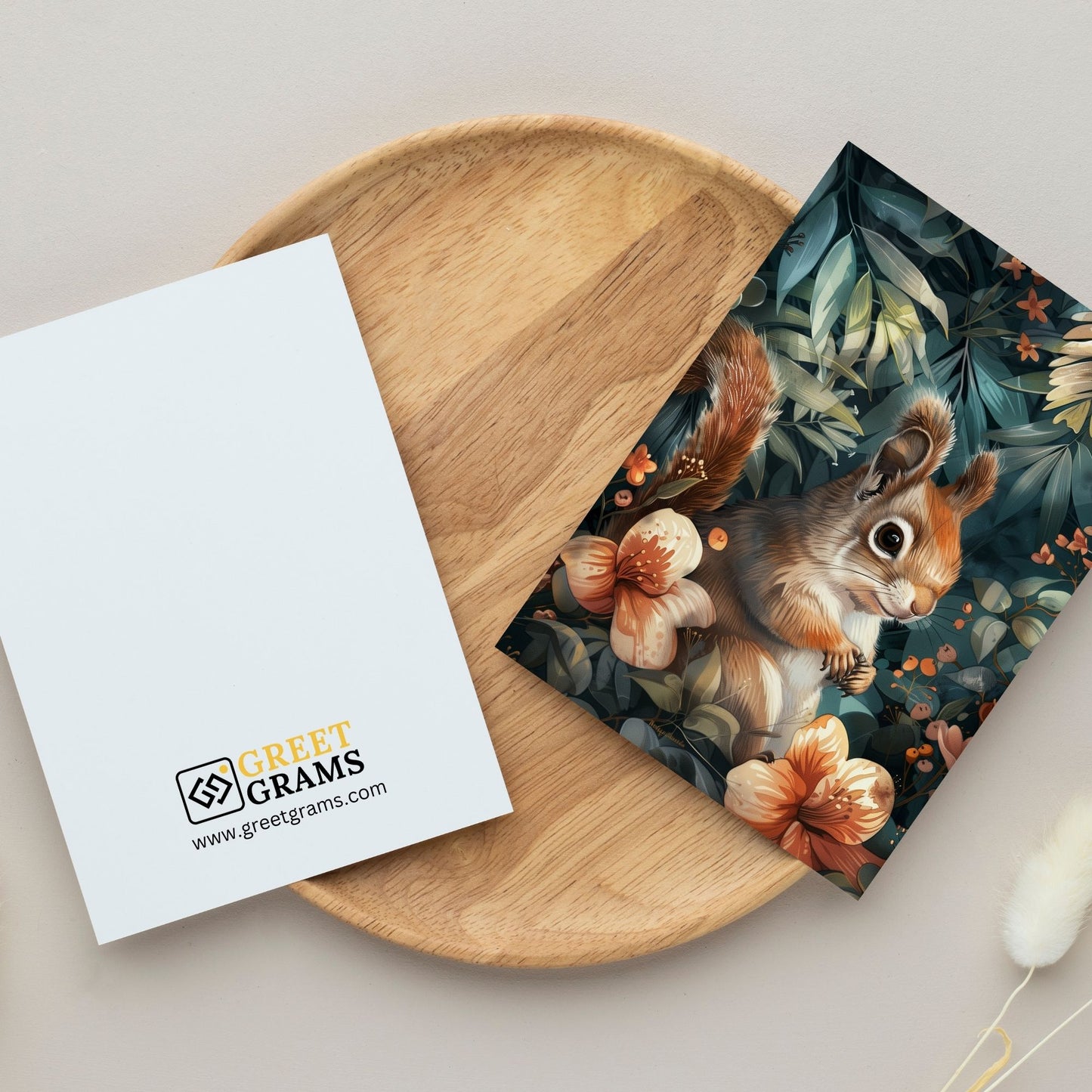 greeting card of a  squirrel exploring the wonders of a island in the gray background