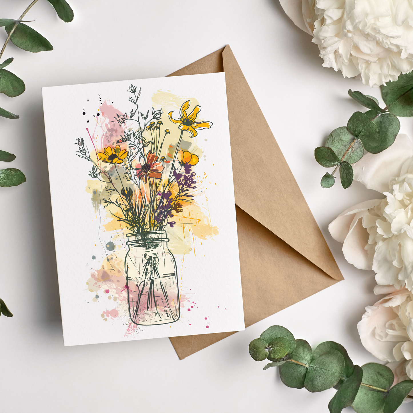 greeting card of a mason jar brimming with colorful blooms