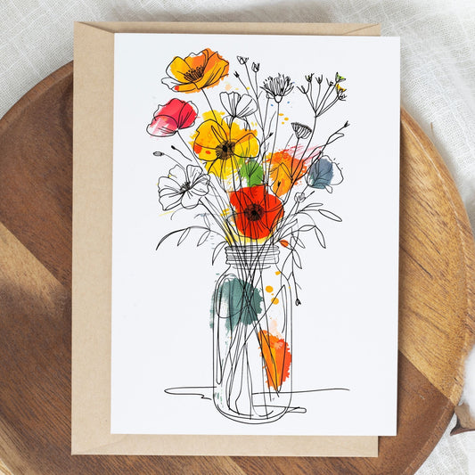 Friendship greeting card showing beautiful flowers in jar