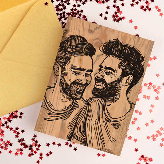 greeting card of male couple smiling together