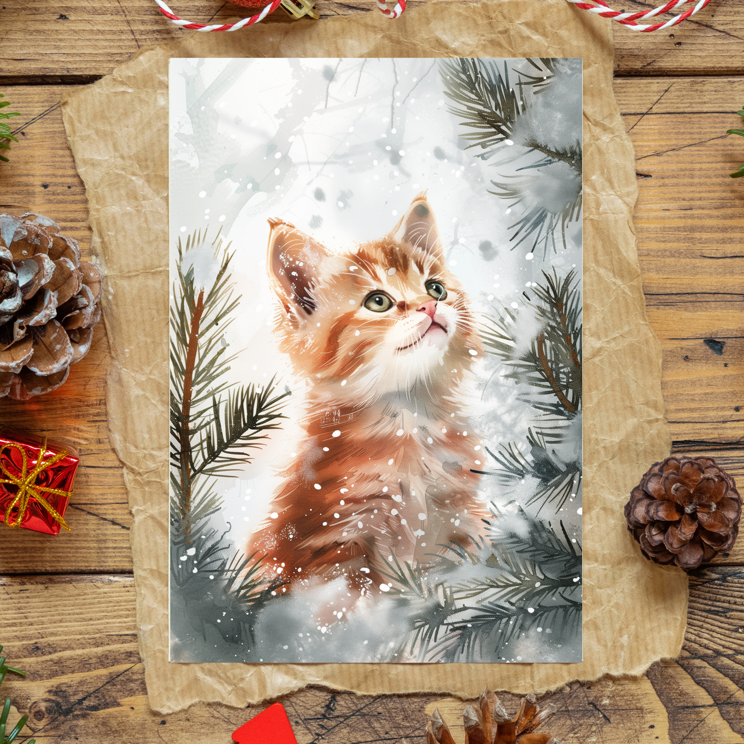 greeting card of a Kitten in the snow with tree