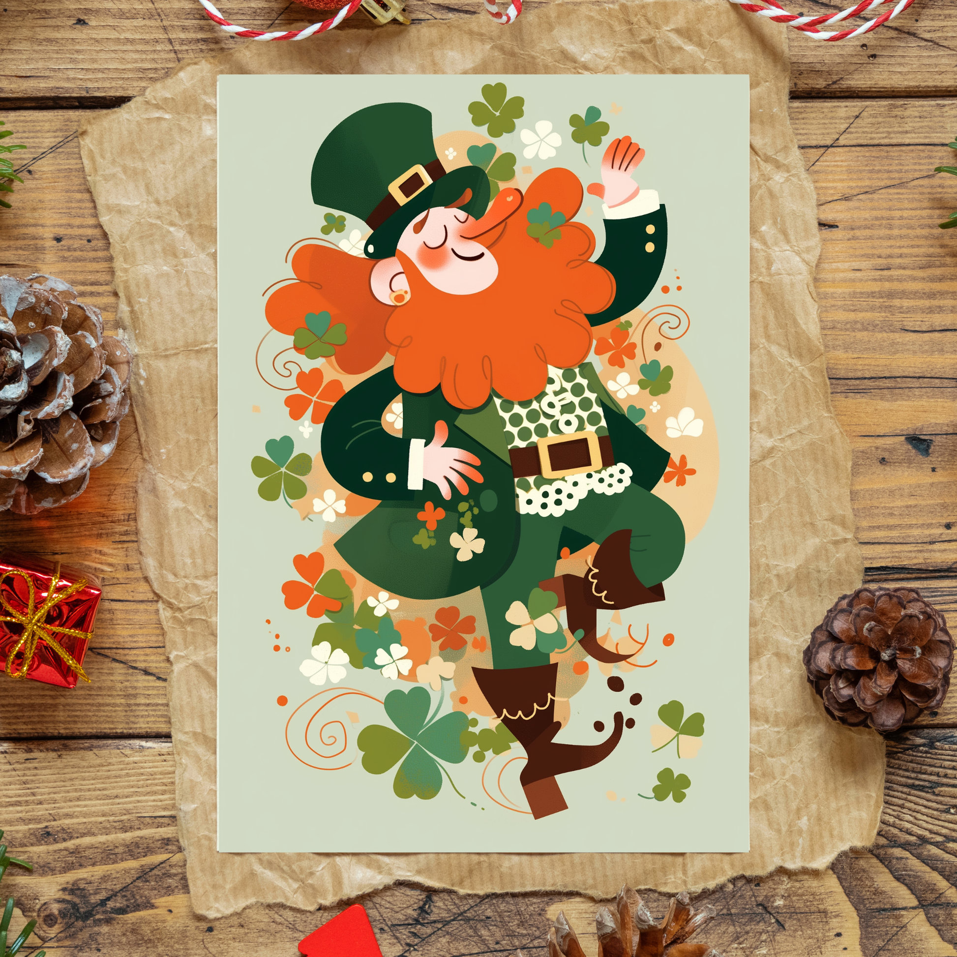 greeting card of a male leprechaun dancing a traditional Irish jig