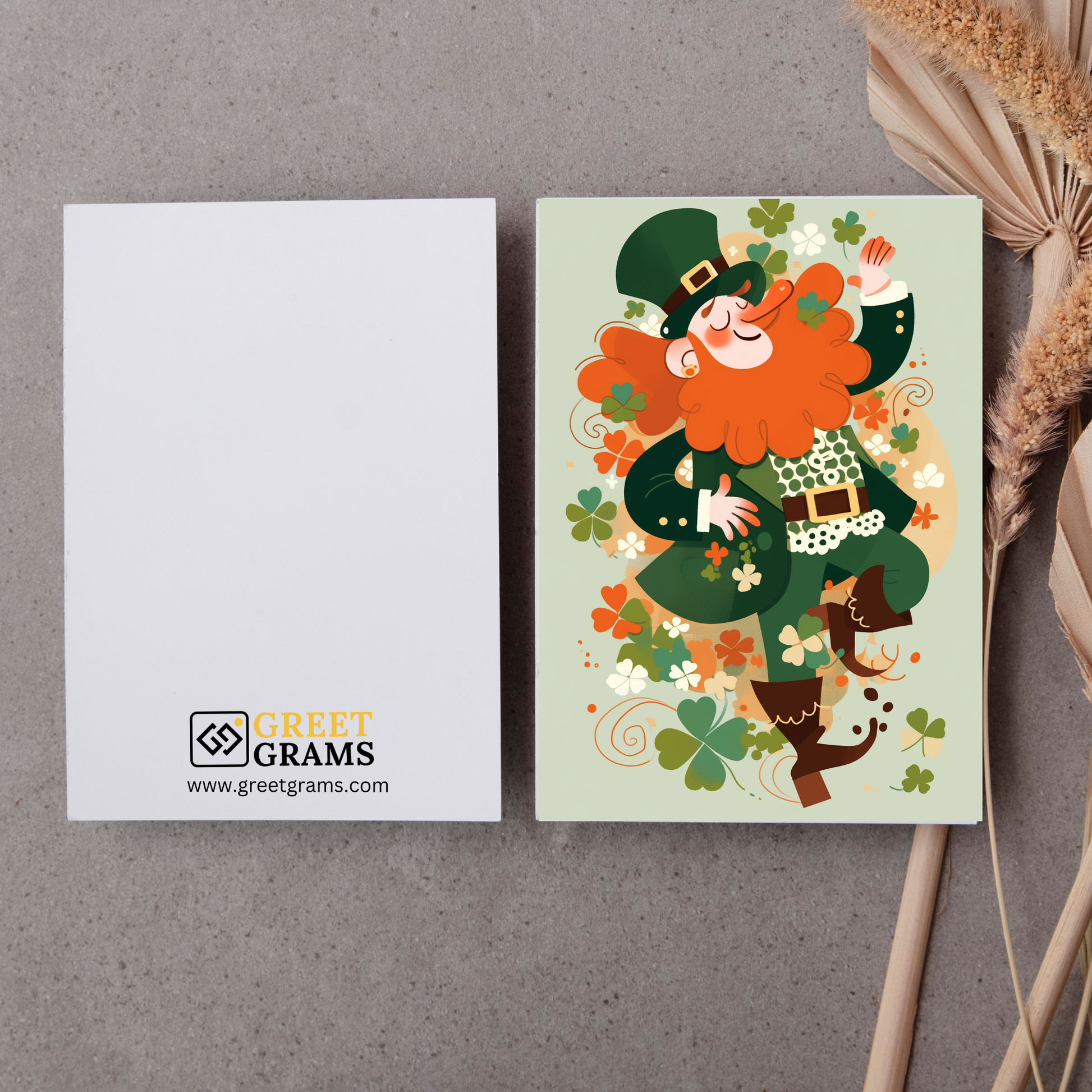 greeting card of a male leprechaun dancing a traditional Irish jig in the grey background