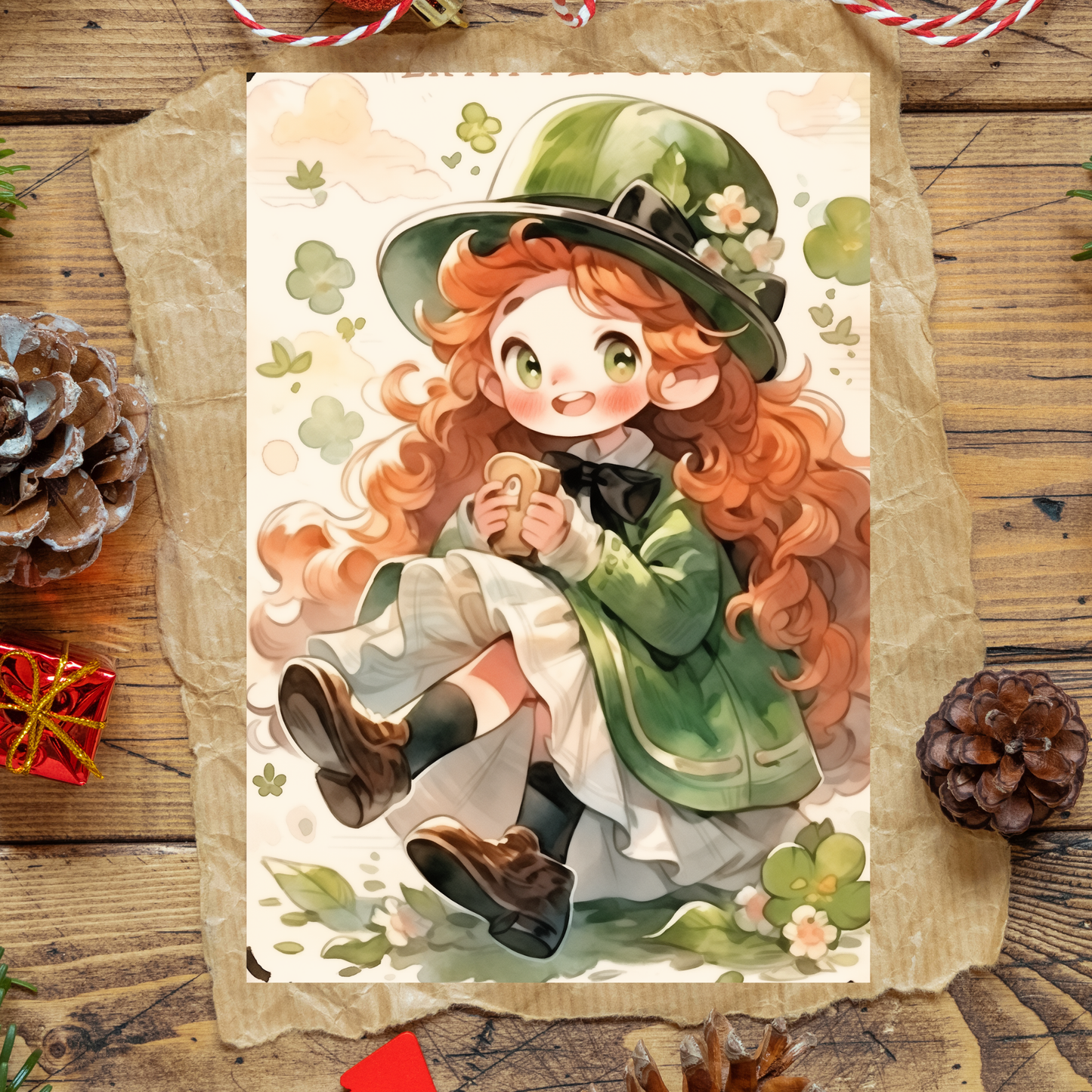 greeting card of a a girl leprechaun with a charming smile