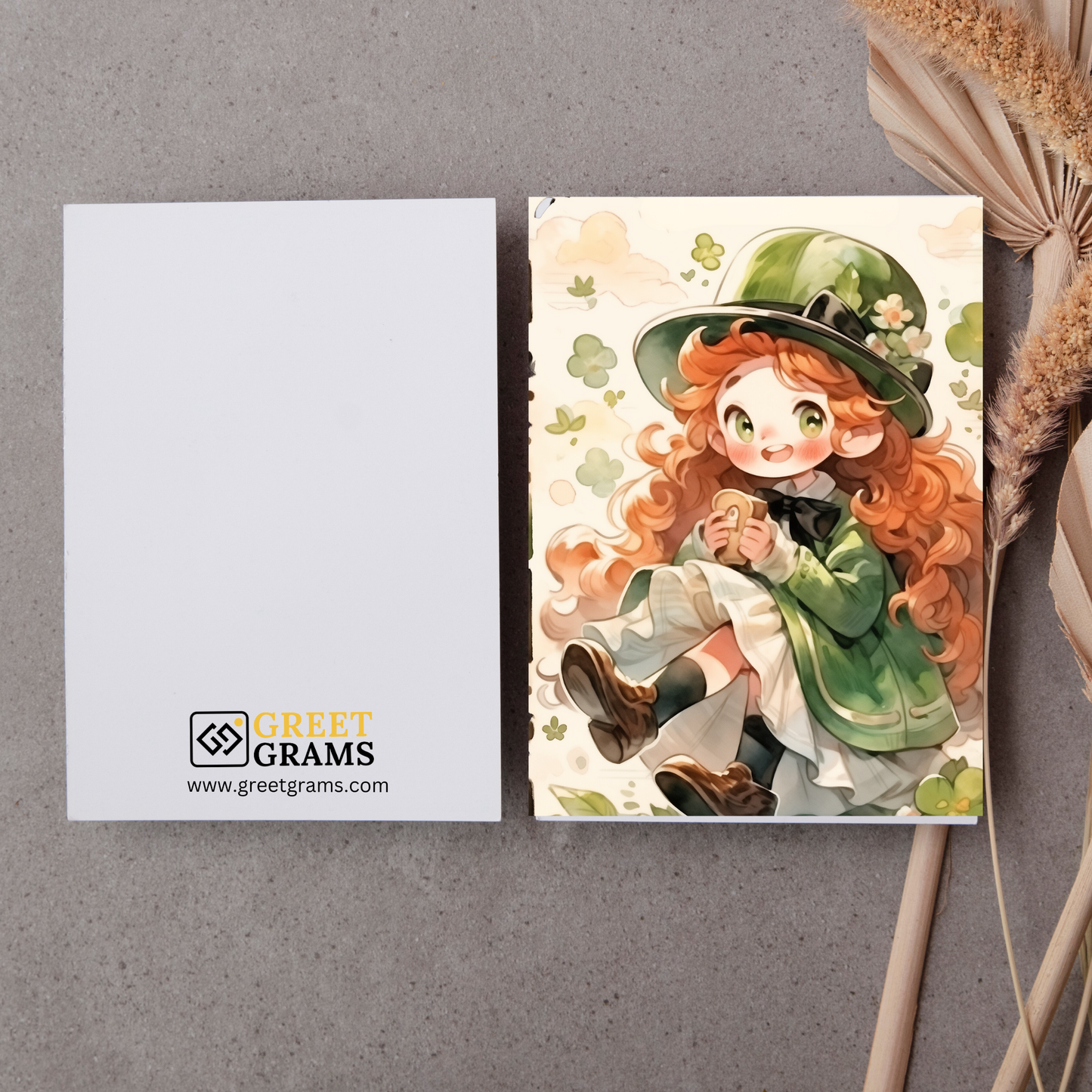 greeting card of a girl leprechaun with a charming smile in the grey background