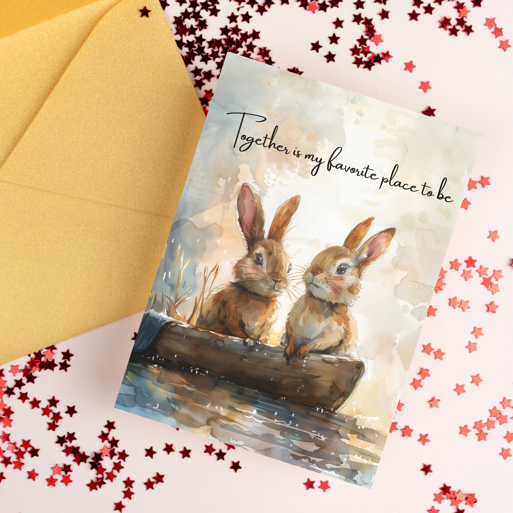 greeting card of a bunny couple on a boat