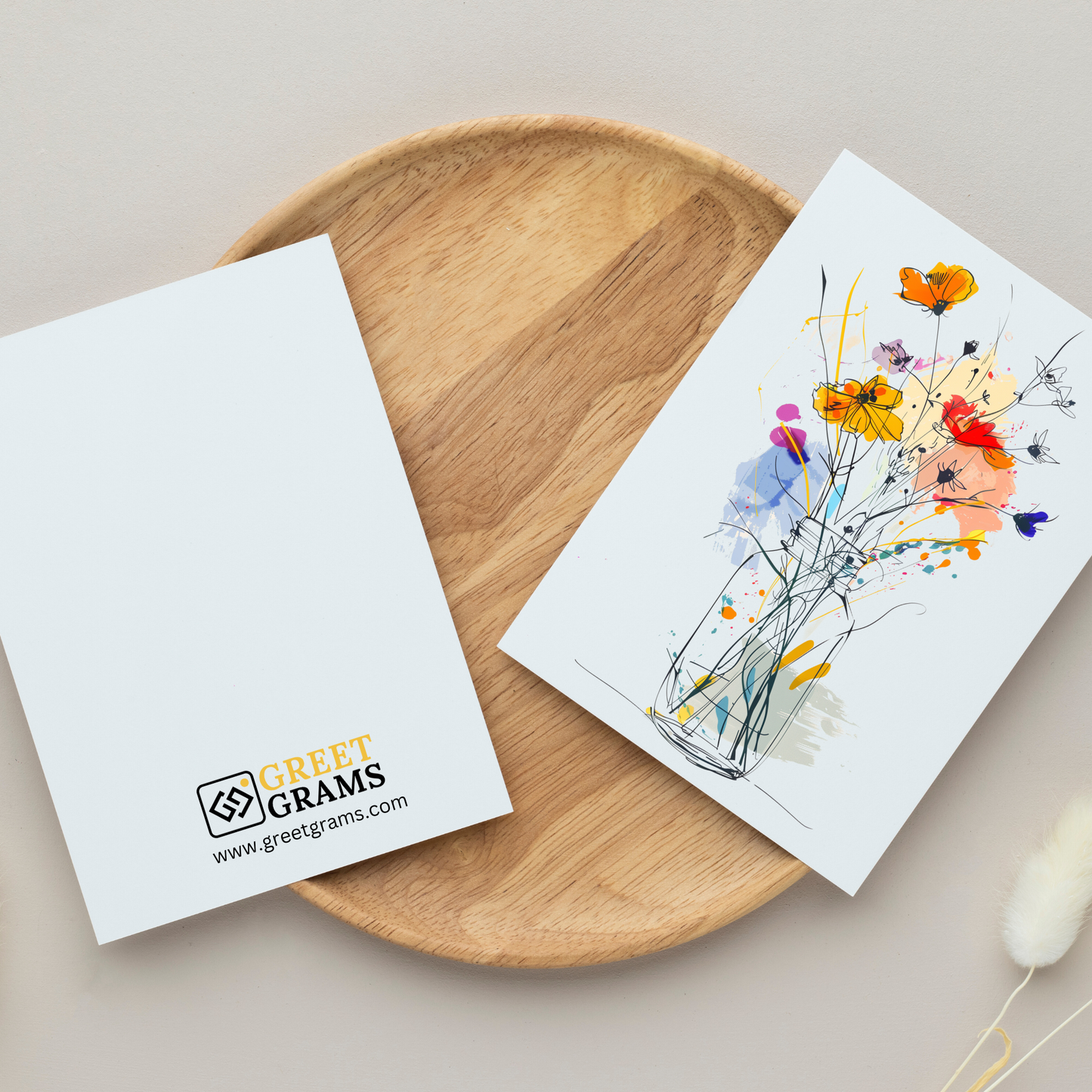 greeting card of a vase filled with beautiful flowers in the grey background