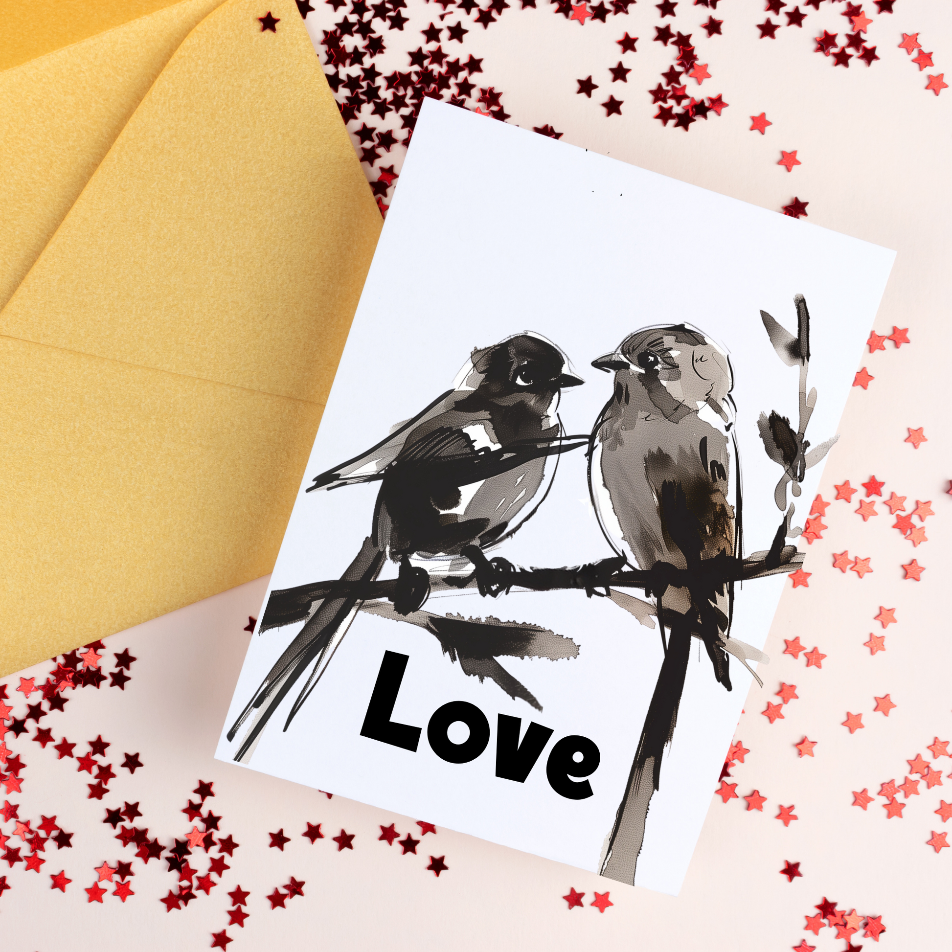 greeting card of a pair of birds perched closely on a branch in the gray background