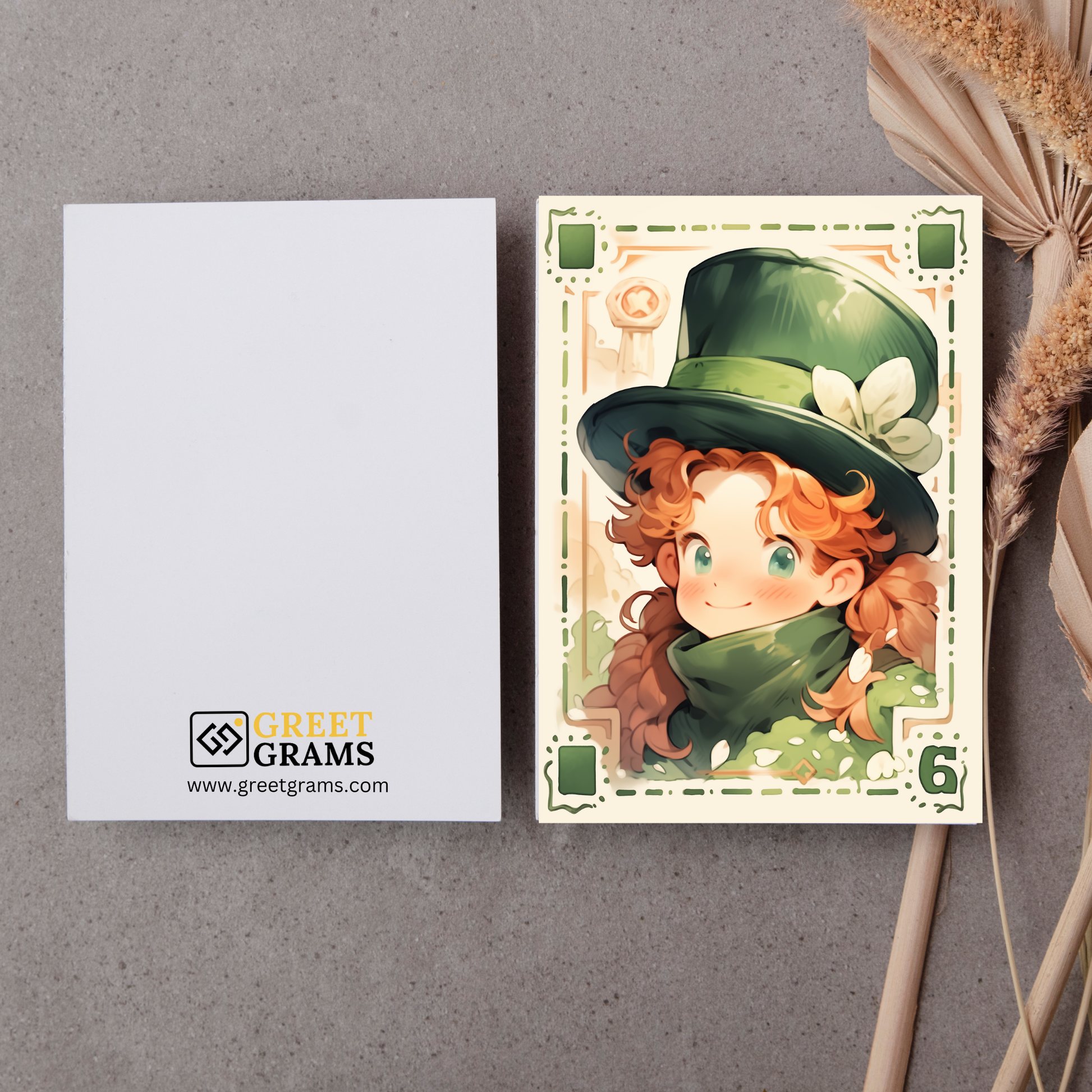 greeting card of a  girl leprechaun spreading joy and luck in the grey background