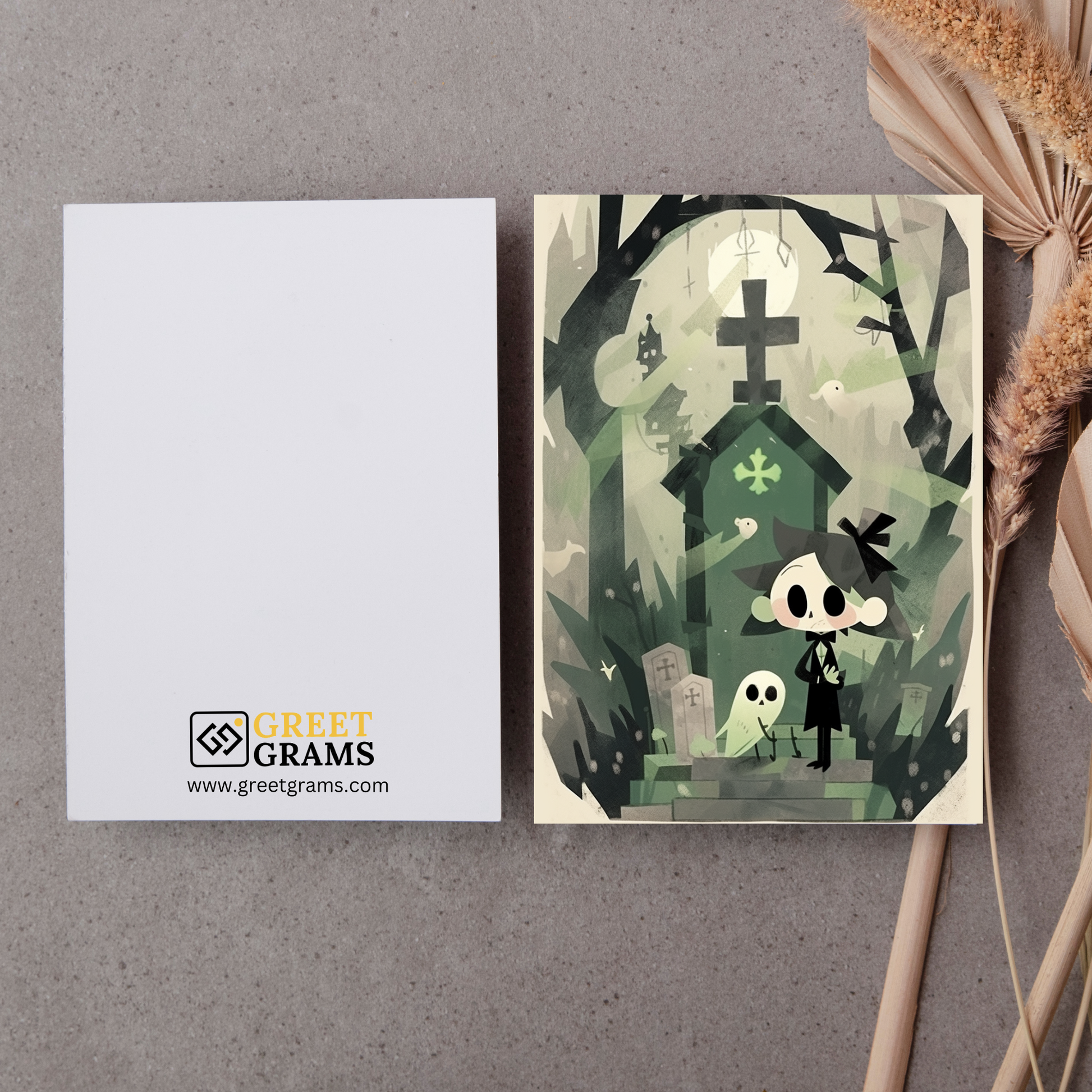 greeting card of a brave boy exploring a graveyard  in the grey background