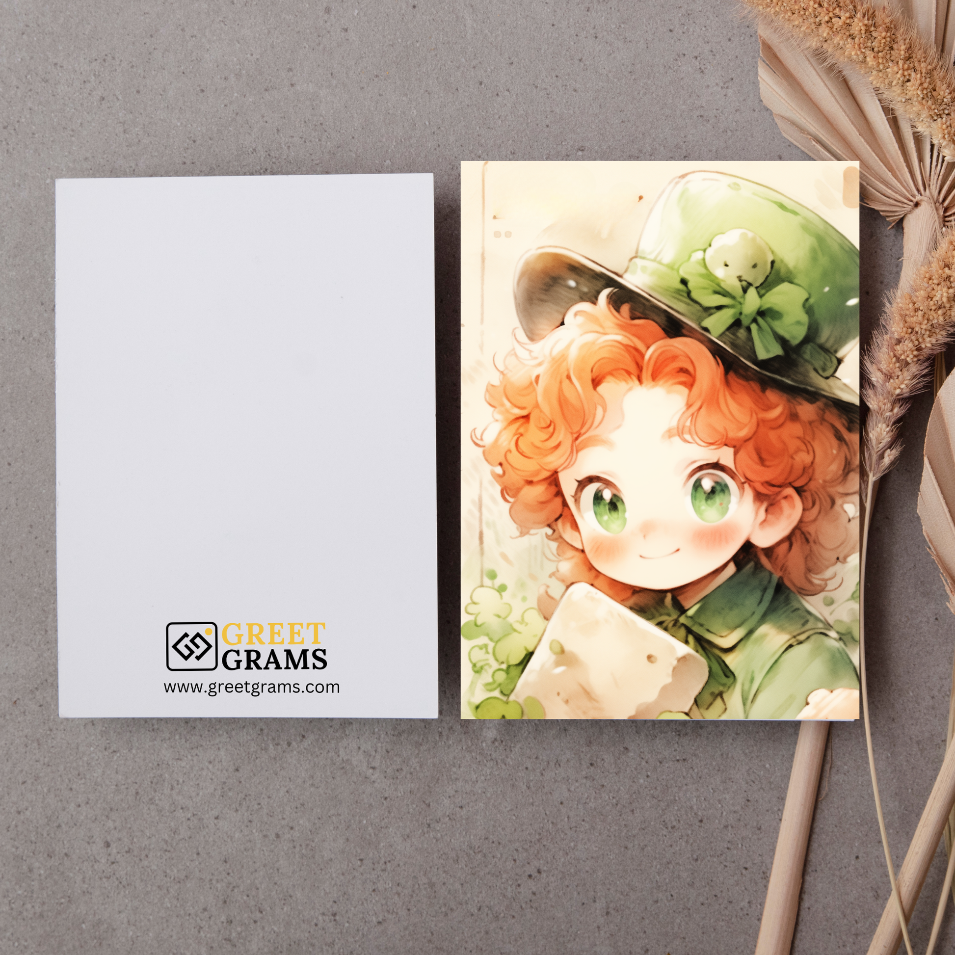 greeting card of a  boy leprechaun with a mischievous grin in the grey background