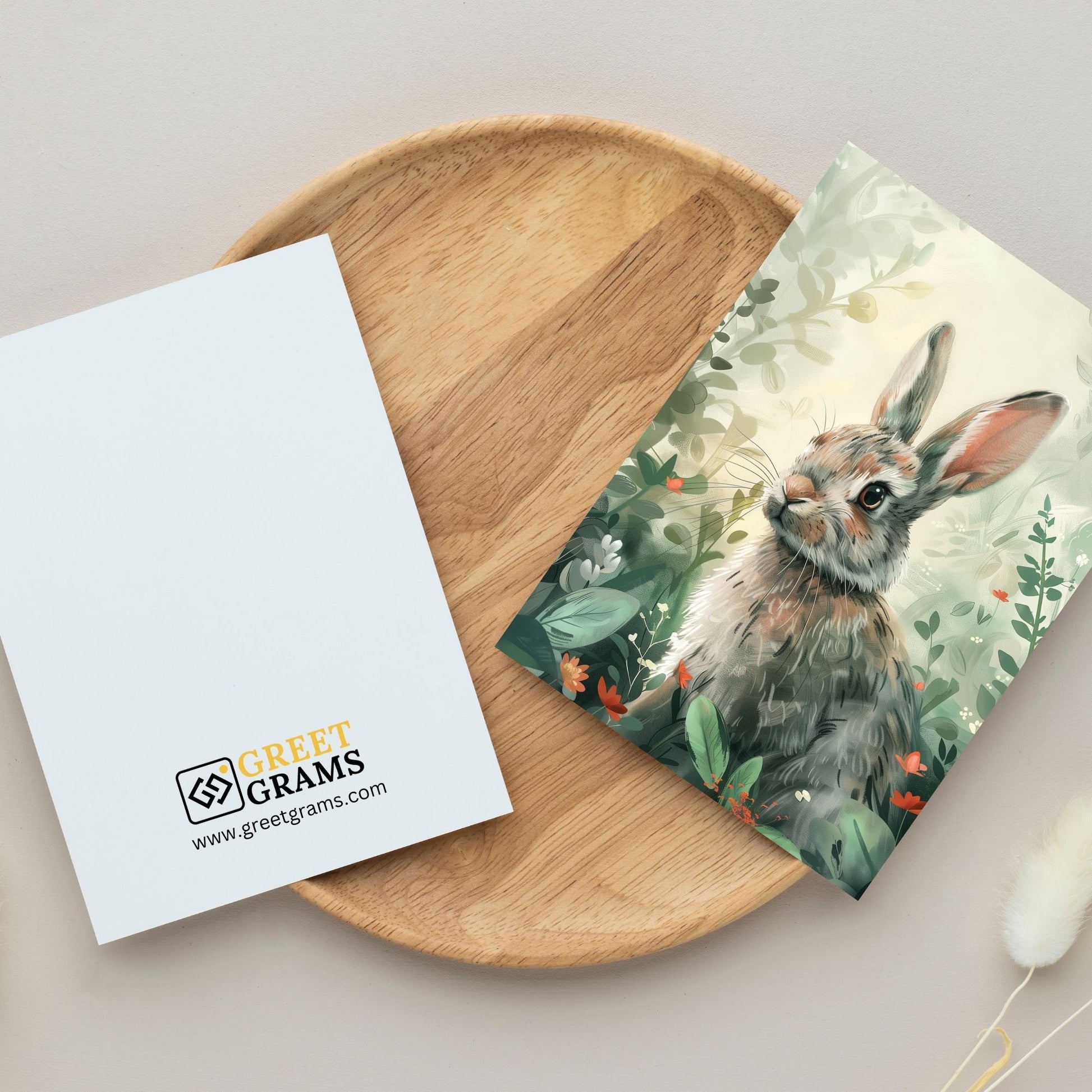 greeting card of a curious rabbit exploring  forest in the grey background