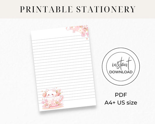 Pink Cat in a Cup Fun - Printable Stationery