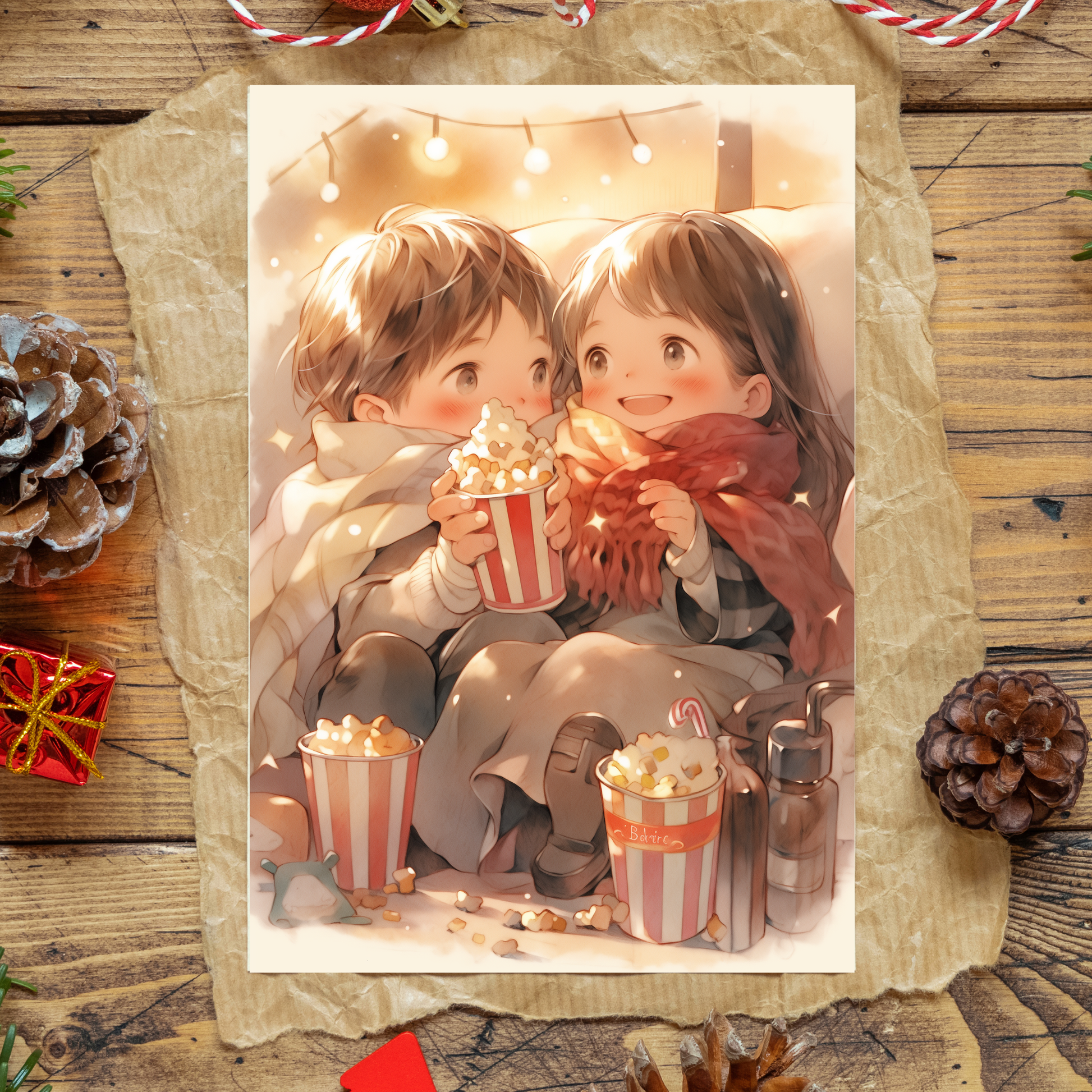 greeting card of two kids enjoying popcorn while celebrating the holiday