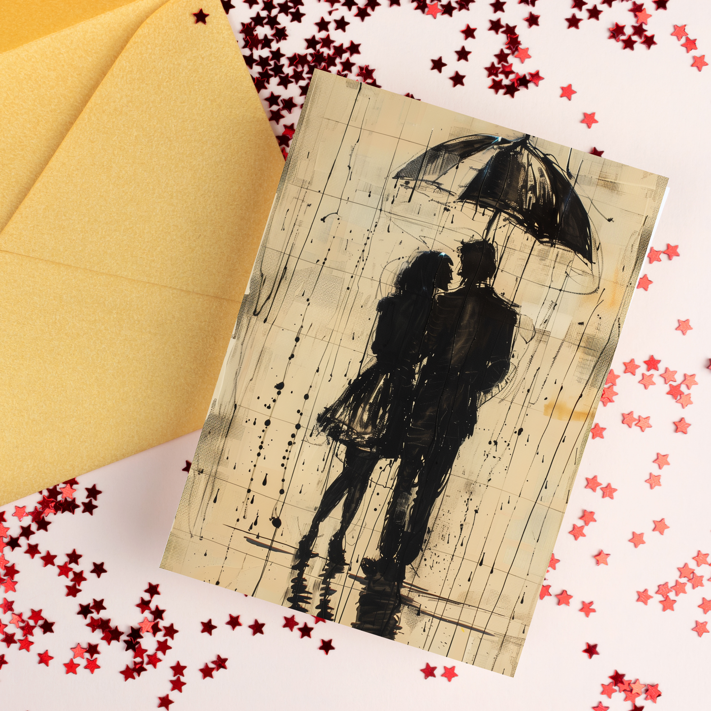 greeting card of couple under an umbrella