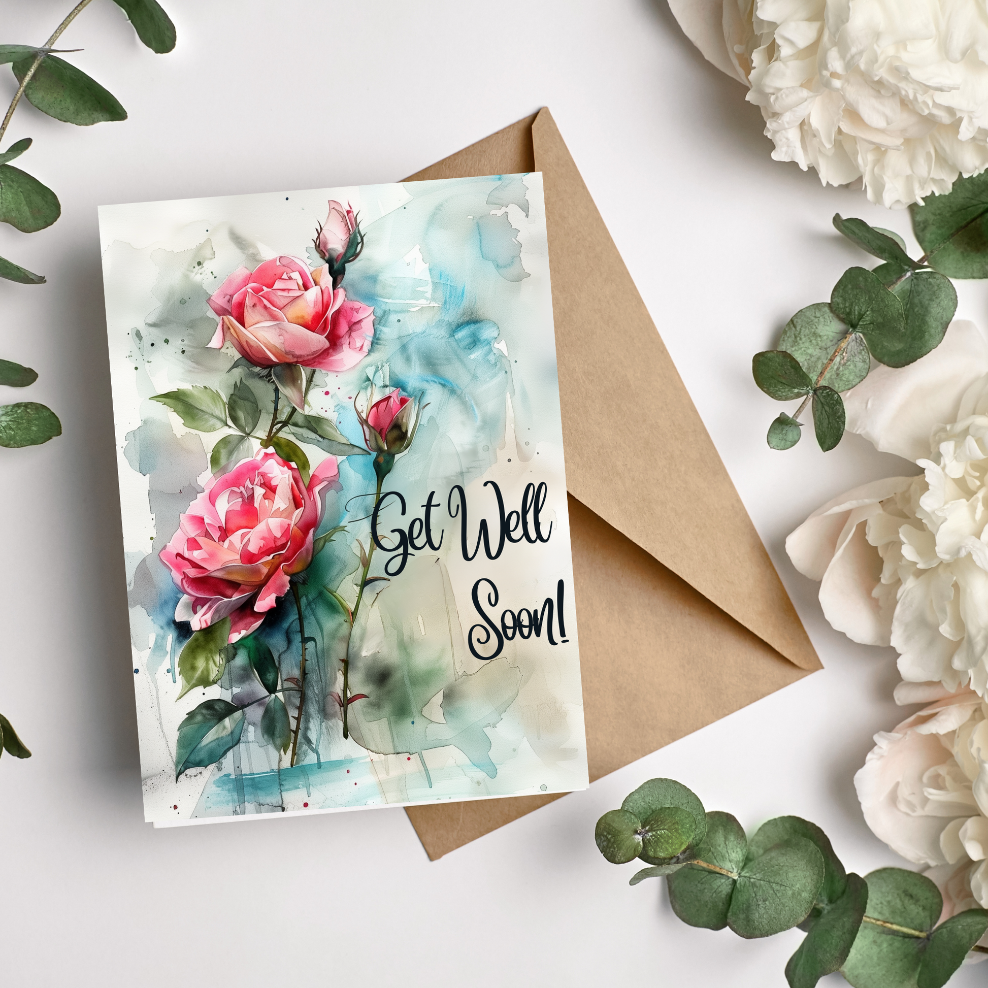 greeting card of an elegant roses and the caption "Get Well Soon."