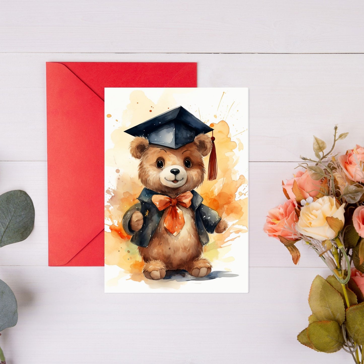 Graduation Card Scholarly Bear wearing black graduation coat and cap