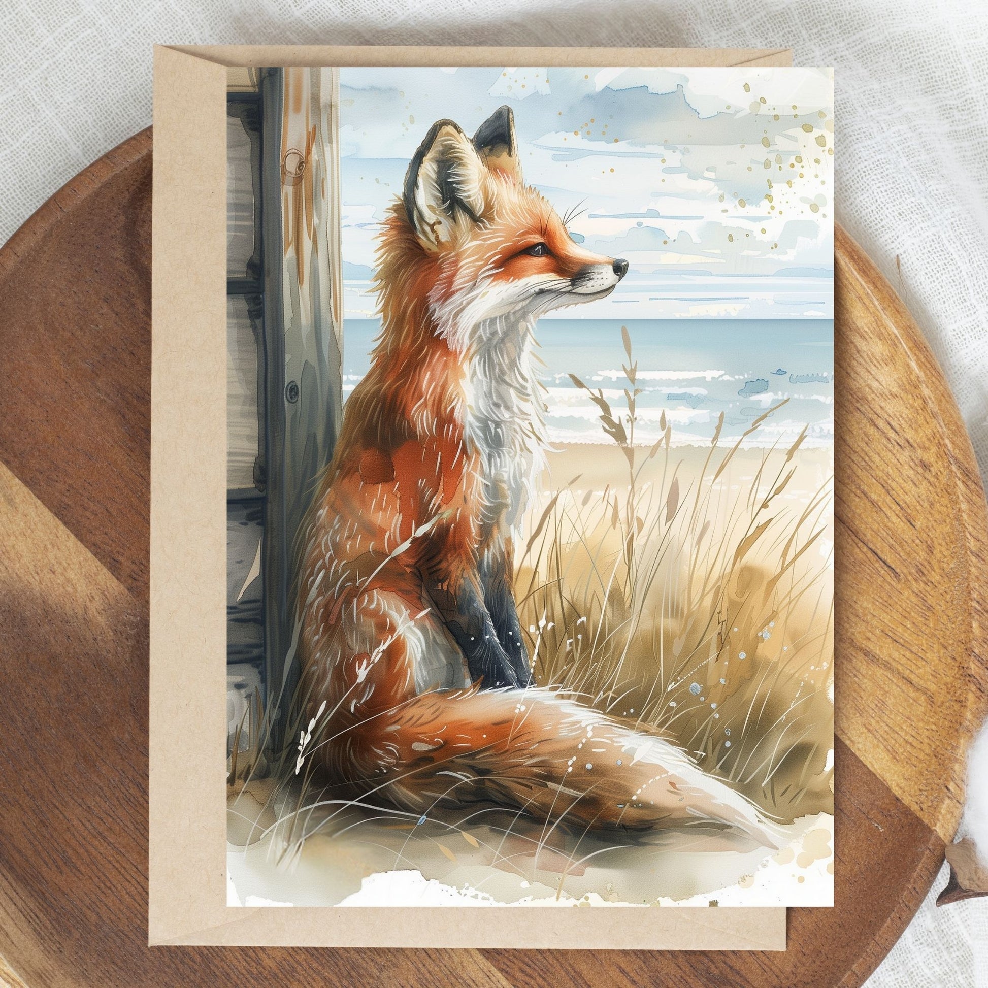 greeting card of a fox enjoying a relaxing moment at a seaside retreat