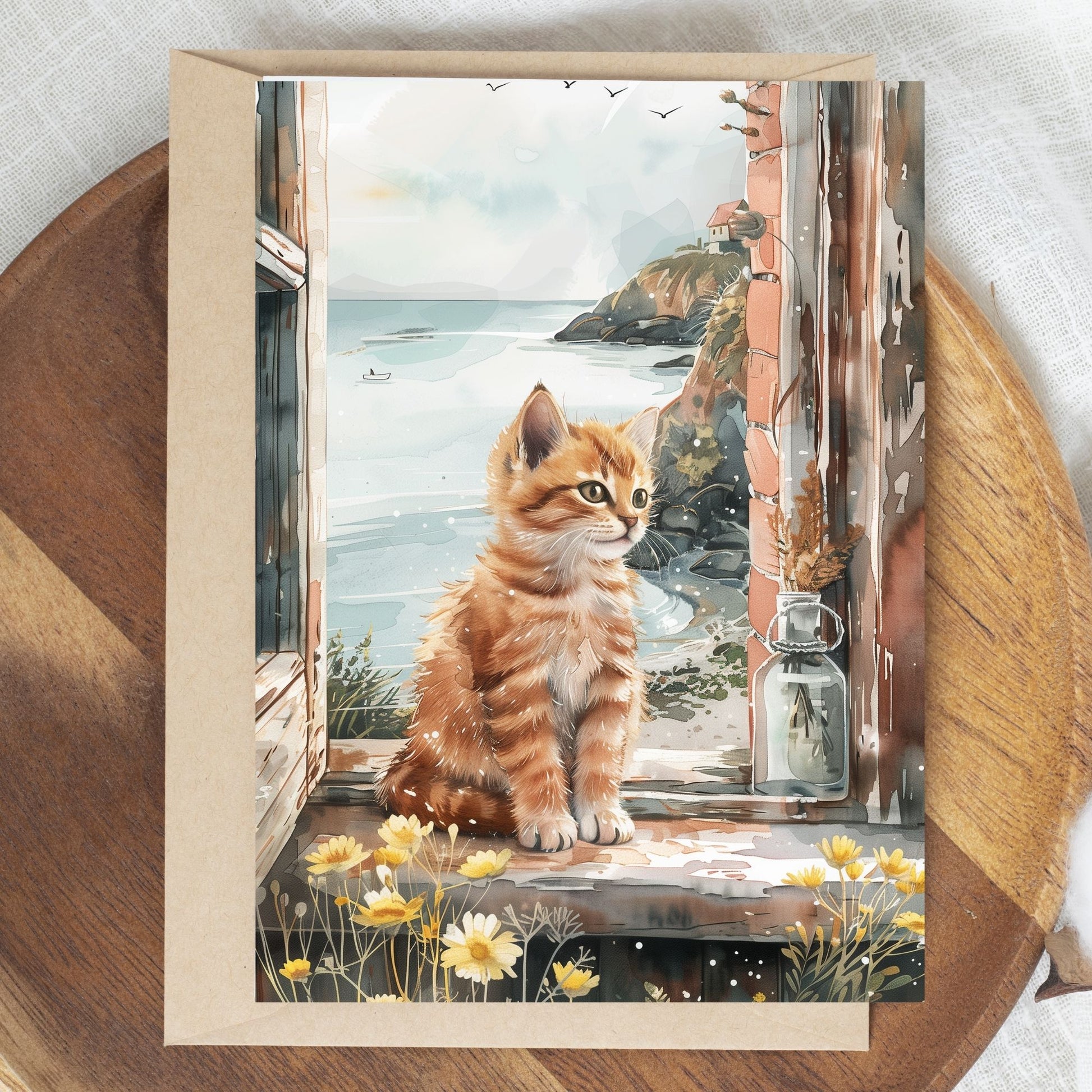 greeting card of a kitten enjoying a seaside retreat