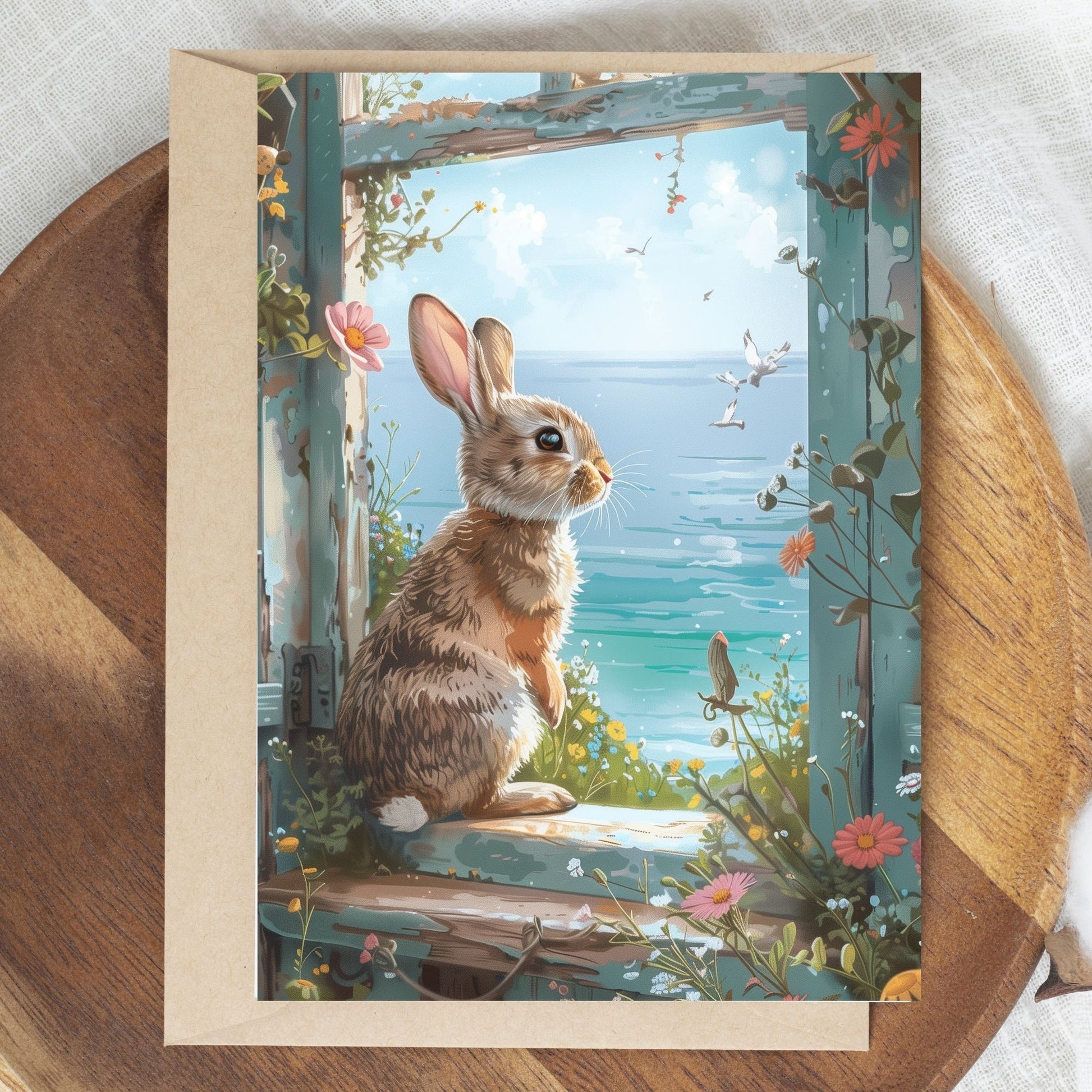 greeting card of a rabbit enjoying a peaceful retreat by the seaside