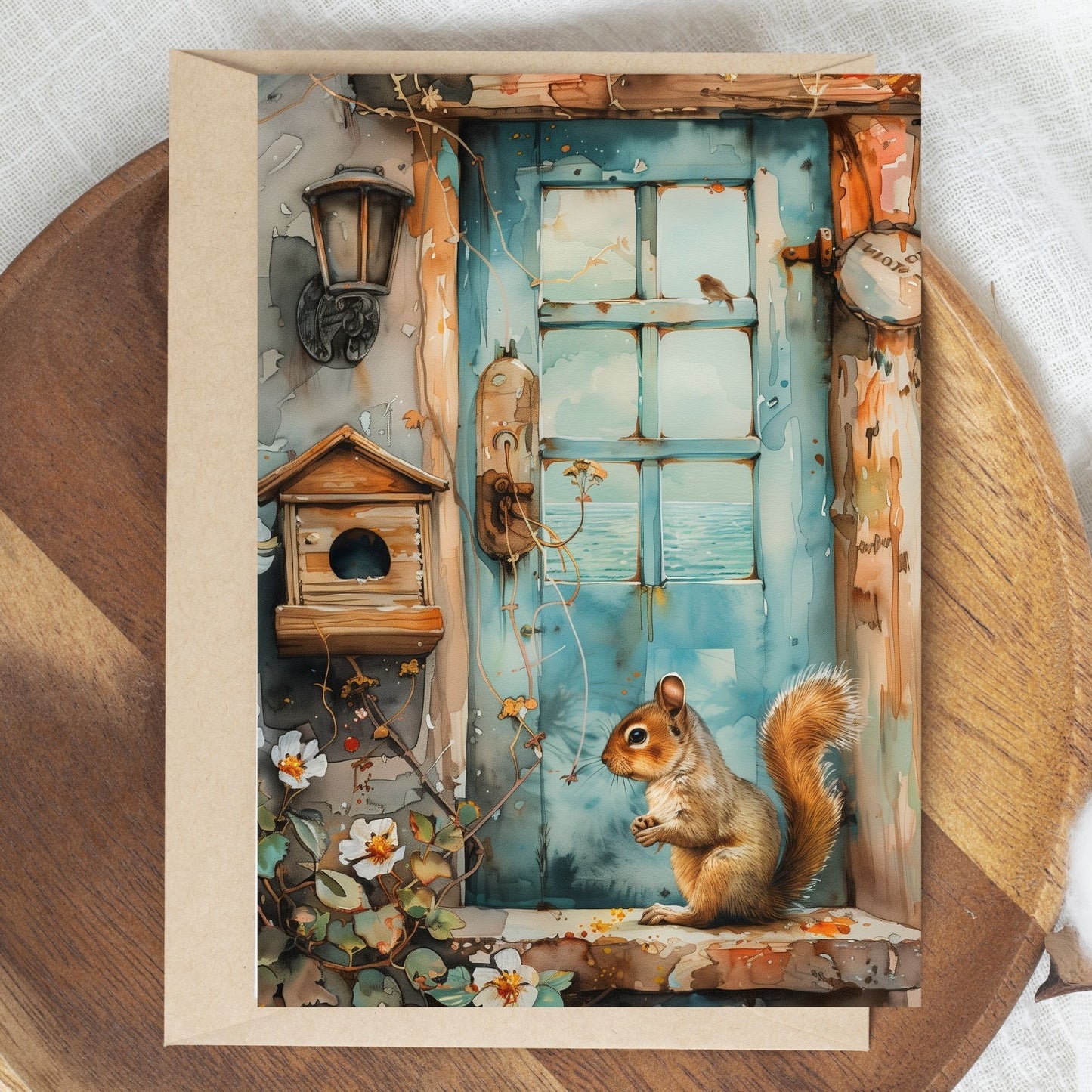 greeting card of a squirrel enjoying a tranquil seaside retreat