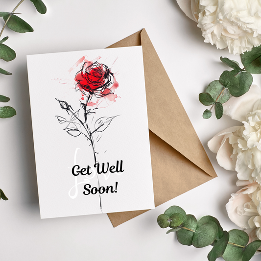 greeting card of a Get Well card with a solitary rose