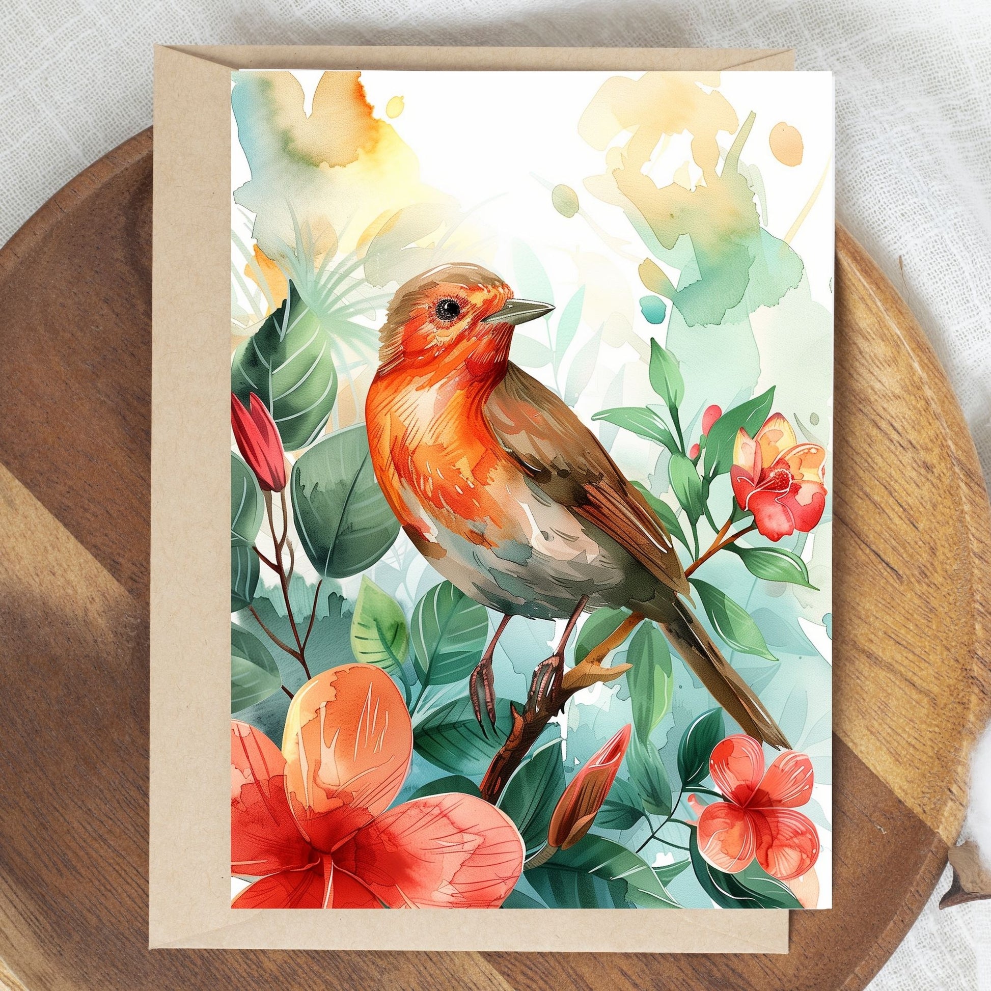 greeting card of a songbird singing joyfully in a tropical paradise