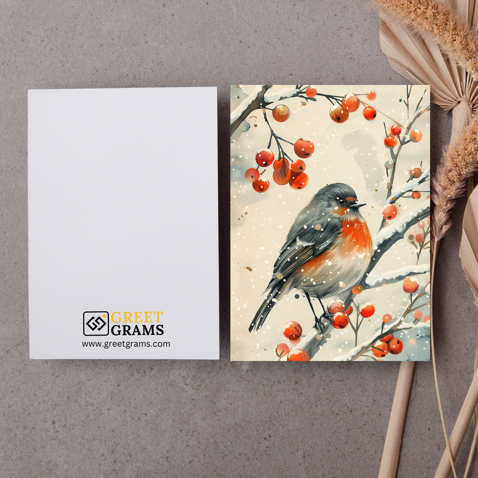 greeting card of a  songbird singing in a snowy setting in the grey background