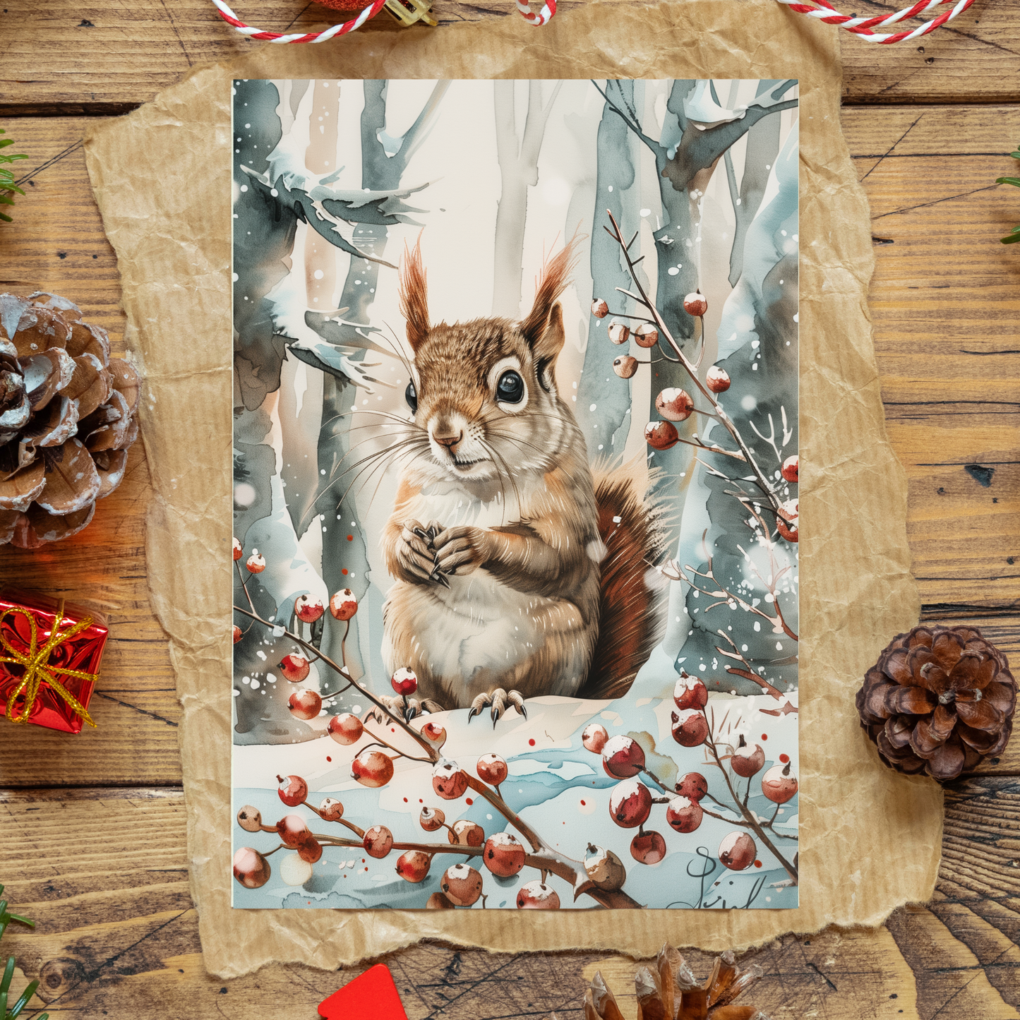 greeting card of a squirrel in the snow