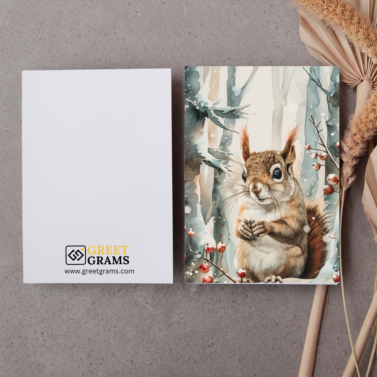 greeting card of a squirrel in the snow in the grey background